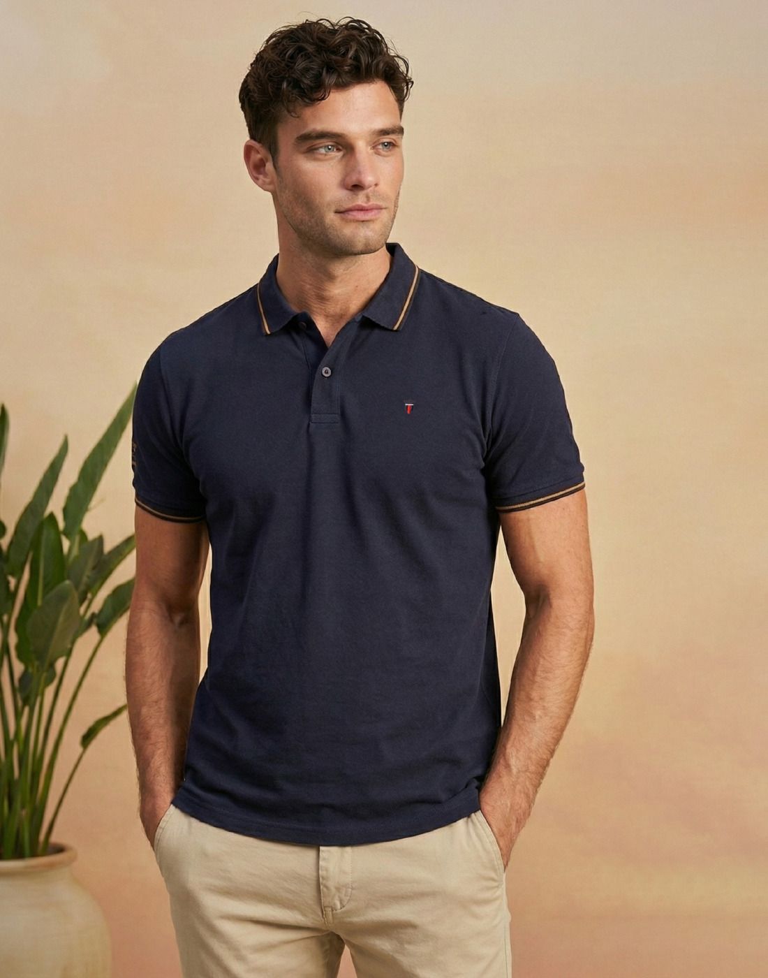 louis philippe Men Solid Polo Neck Pure Cotton Navy Blue T-Shirt-picture-36