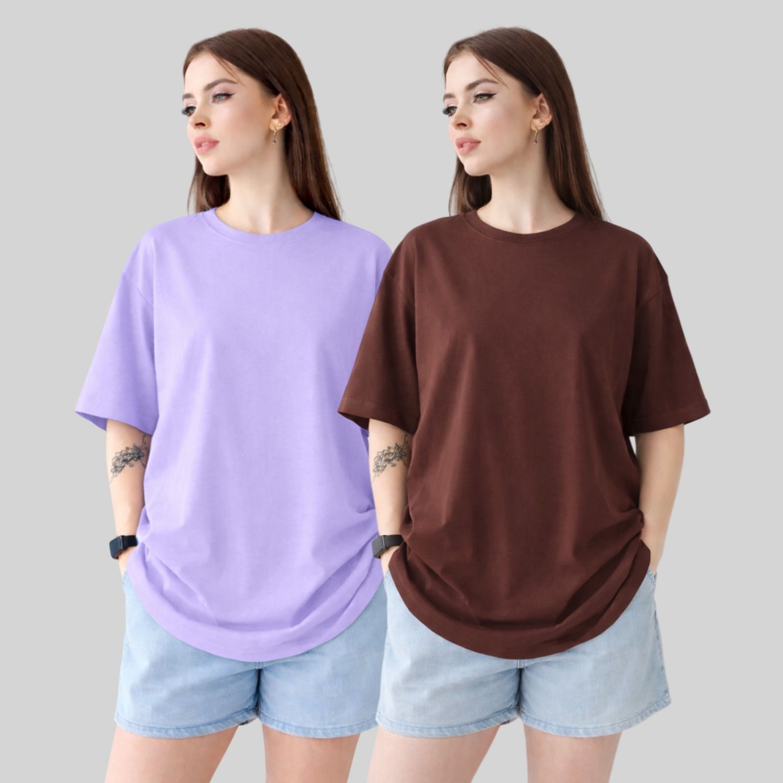 Women Solid Round Neck Cotton Blend Brown, Purple T-Shirt-image-31