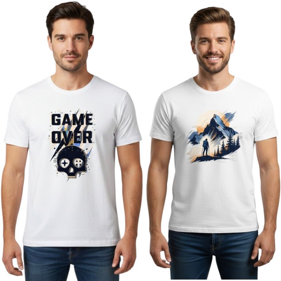 vkv fshion Pack of 2 Men Graphic Print Round Neck Cotton Blend White T-Shirt-picture-40