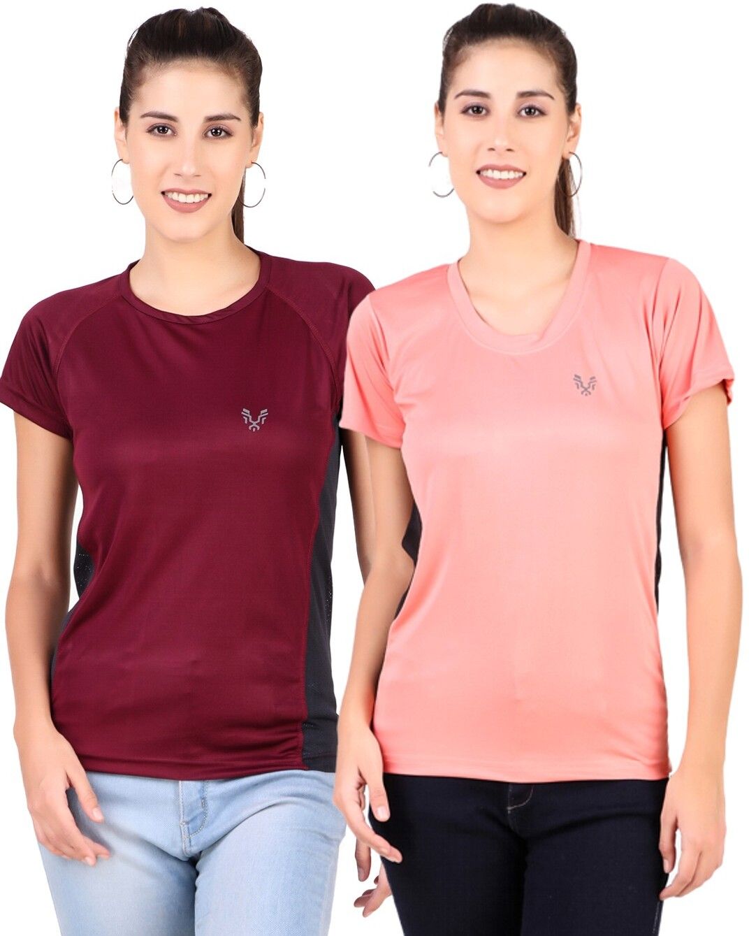 Pack of 2 Women Solid Round Neck Polyester Maroon, Orange T-Shirt-image-11