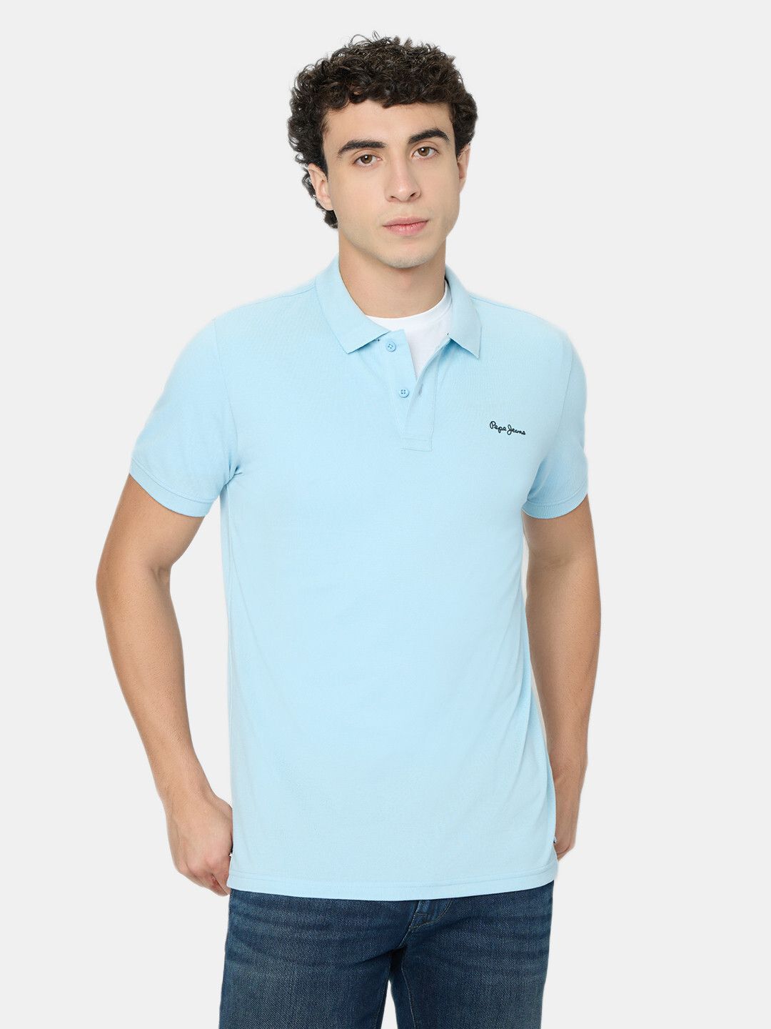 pepe jeans Men Self Design Polo Neck Polycotton Blue T-Shirt-picture-13
