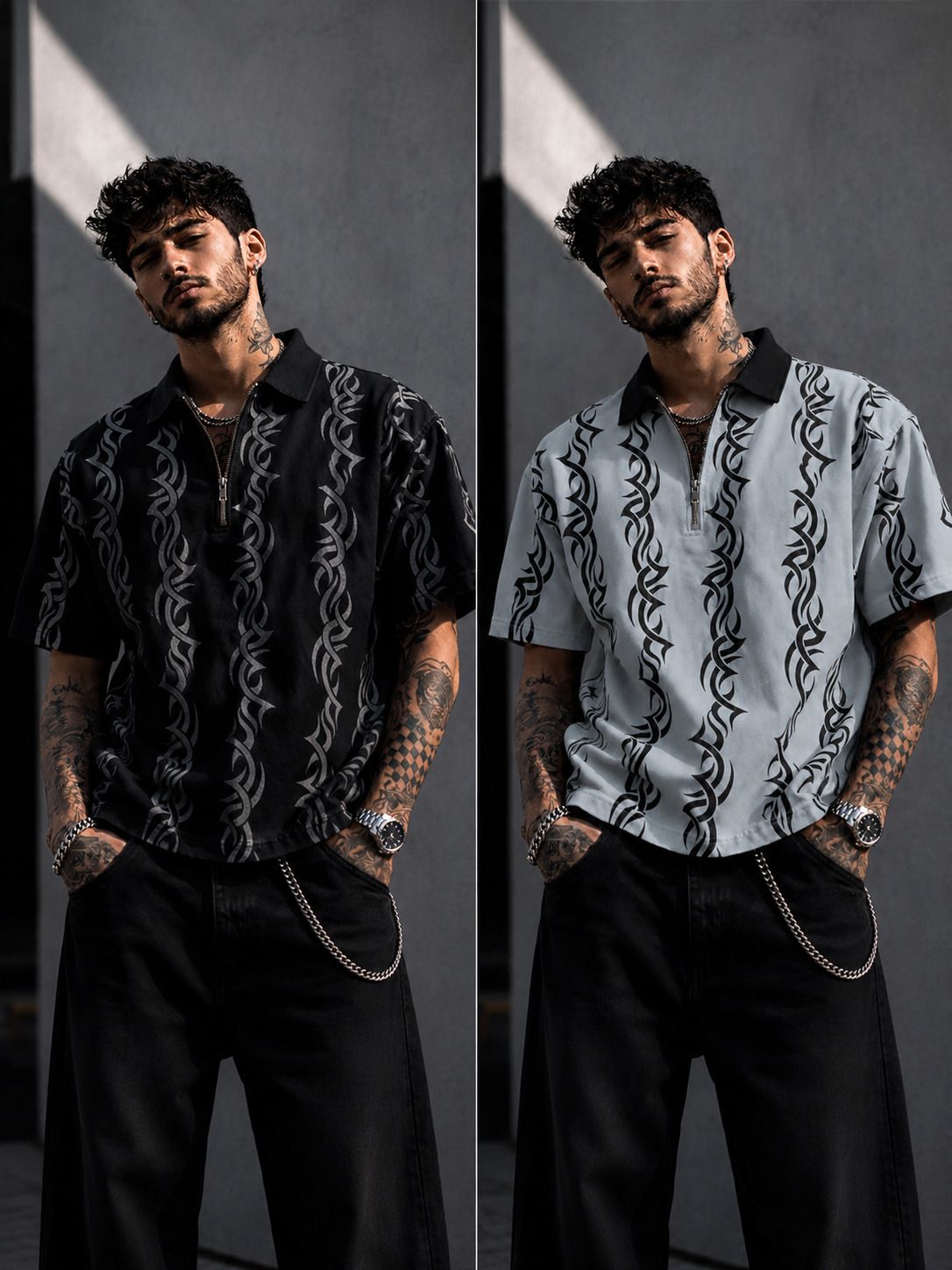 nb nicky boy Pack of 2 Men Printed Polo Neck Cotton Blend Black, Grey T-Shirt-picture-25