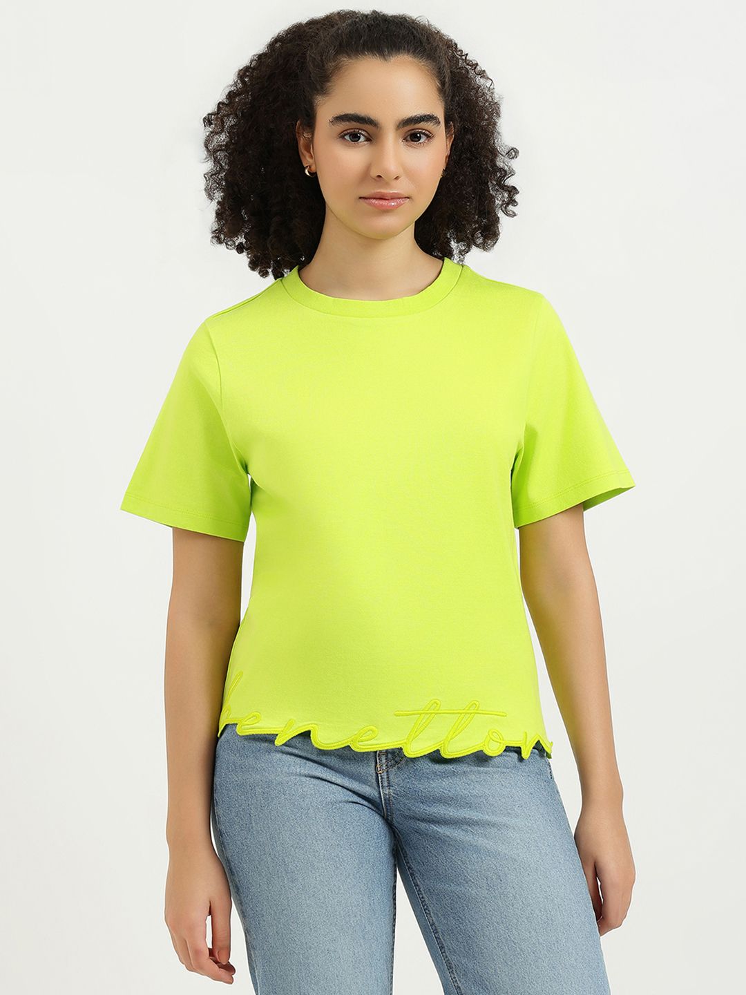 united colors of benetton Women Solid Crew Neck Pure Cotton Green T-Shirt-picture-14