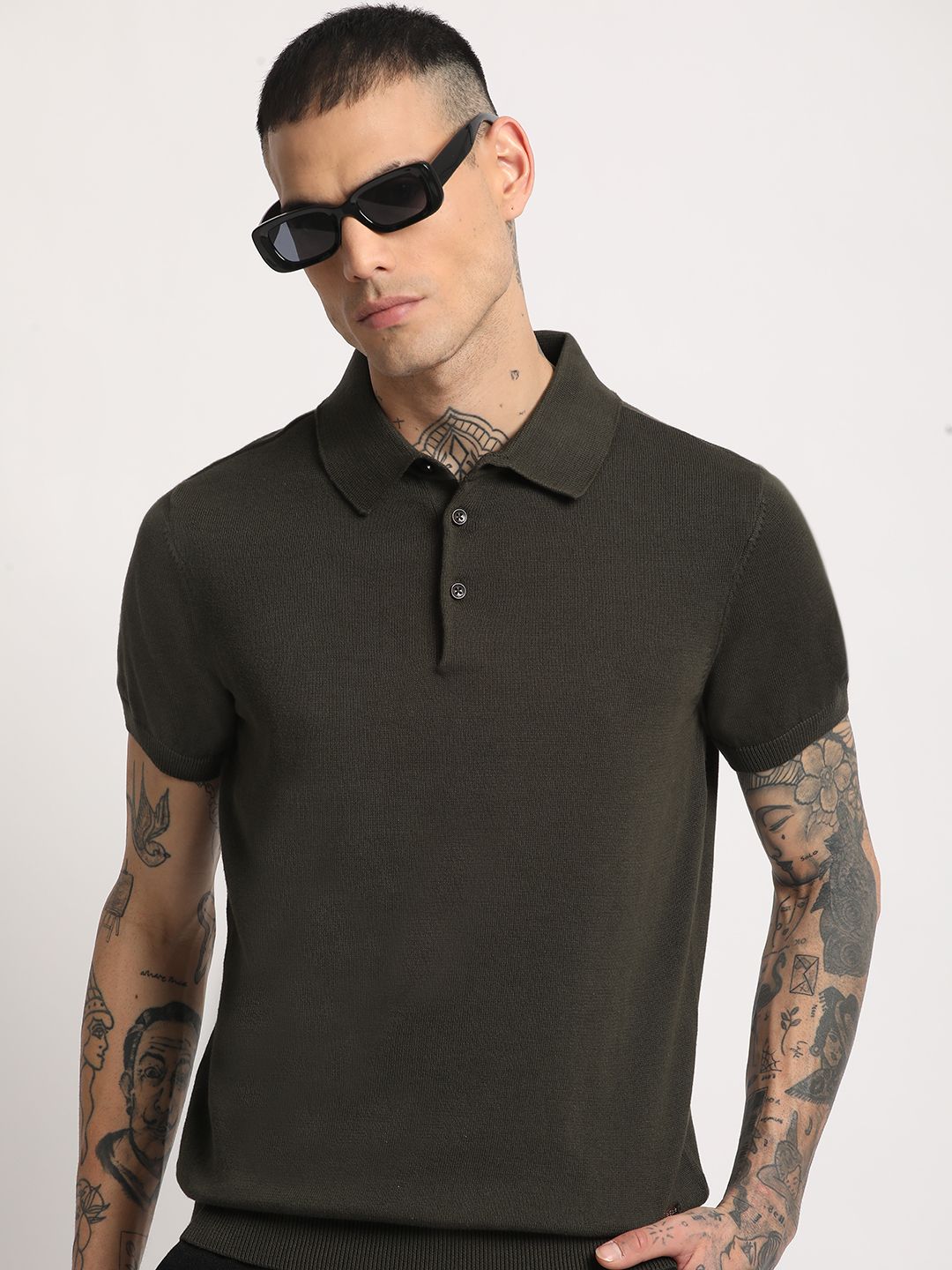 the bear house Men Solid Polo Neck Pure Cotton Dark Green T-Shirt-picture-10