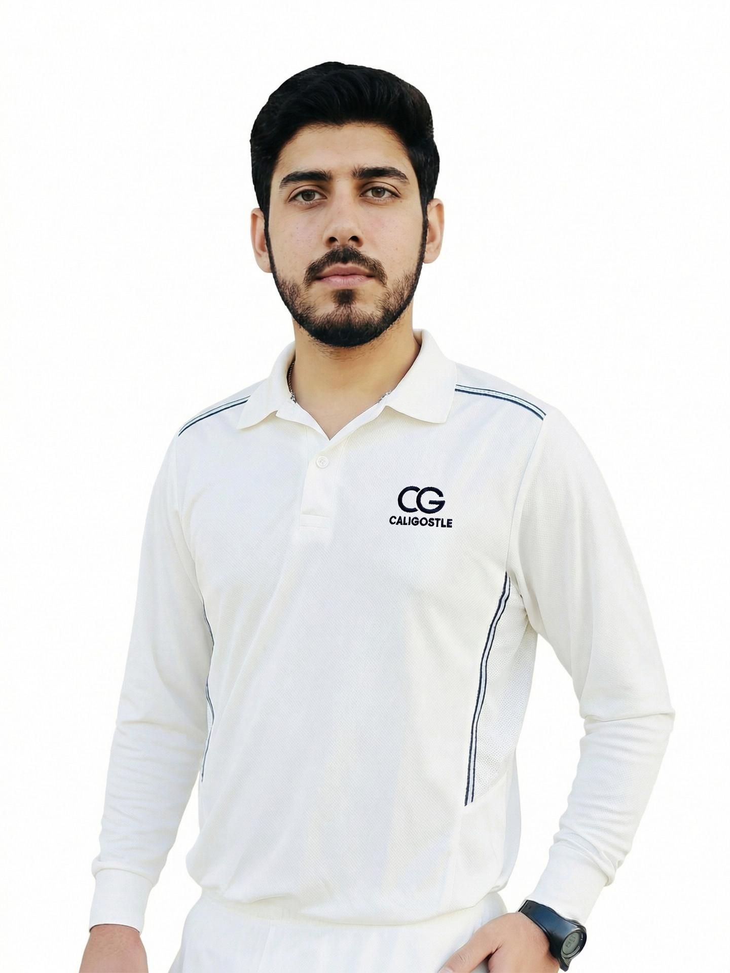 caligostle Cricket Jersey Full Sleeves Men Solid Polo Neck Polyester White T-Shirt-picture-24