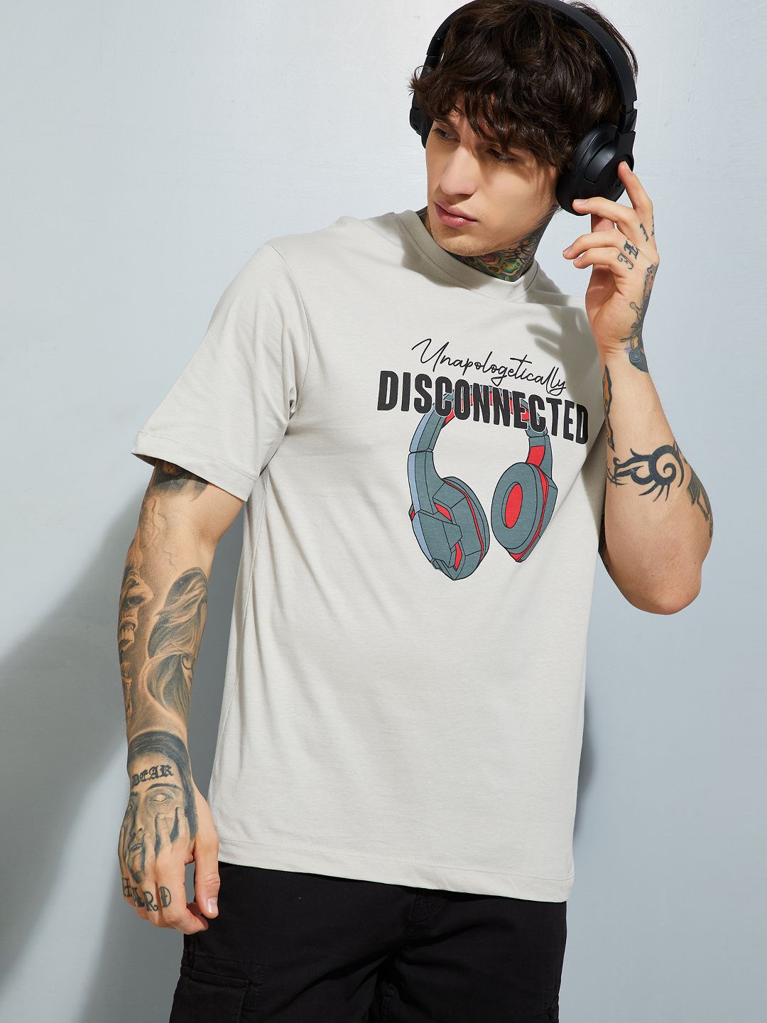 Men Printed Round Neck Pure Cotton Grey T-Shirt-image-20