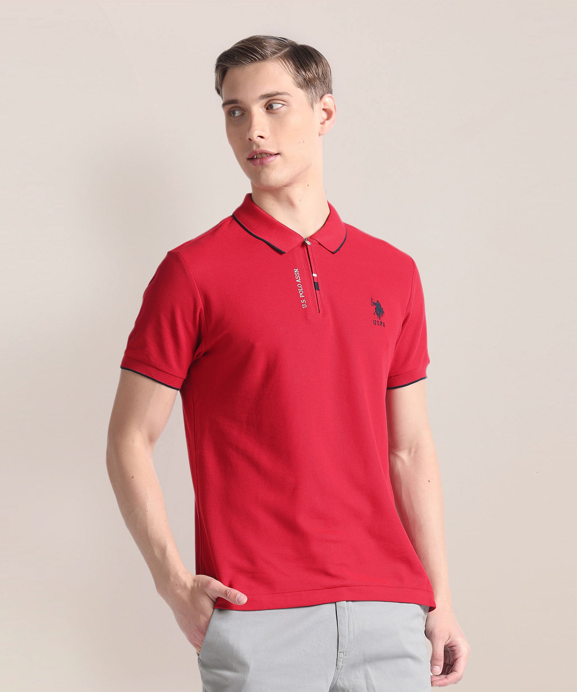 u.s. polo assn. Men Solid Polo Neck Pure Cotton Red T-Shirt-picture-36
