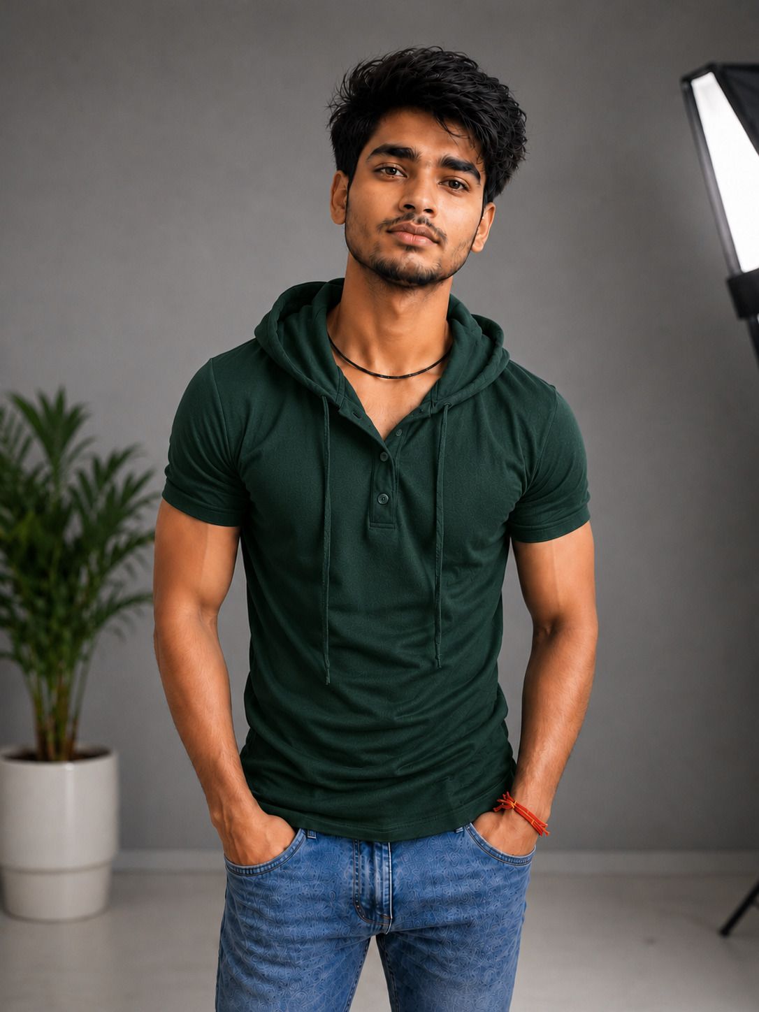 Men Solid Hooded Neck Cotton Blend Dark Green T-Shirt-image-4