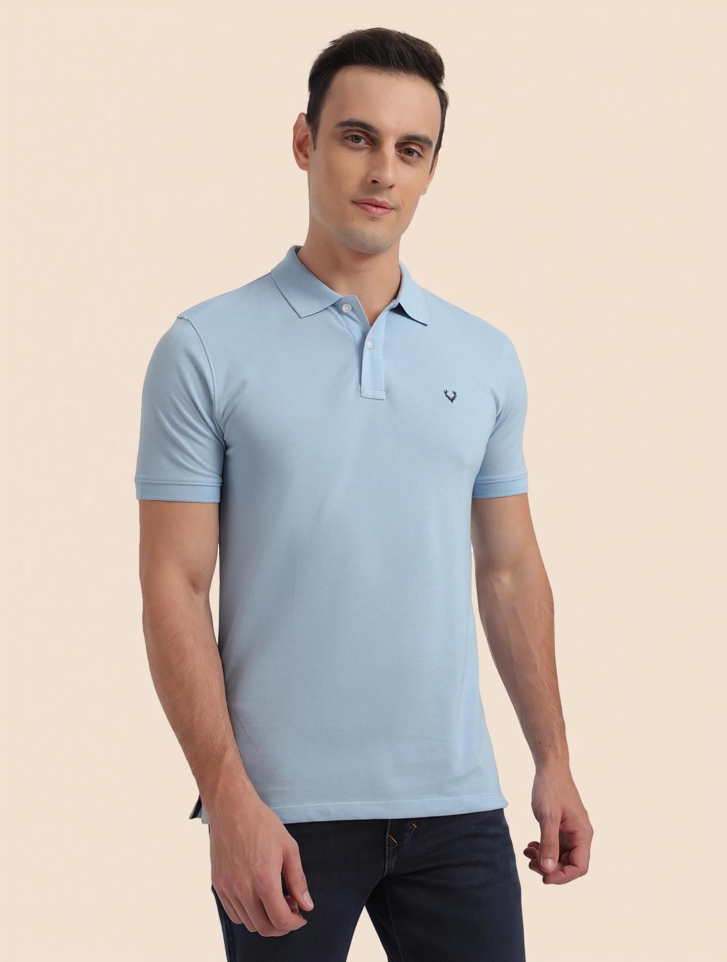 allen solly Men Solid Polo Neck Pure Cotton Blue T-Shirt-picture-12