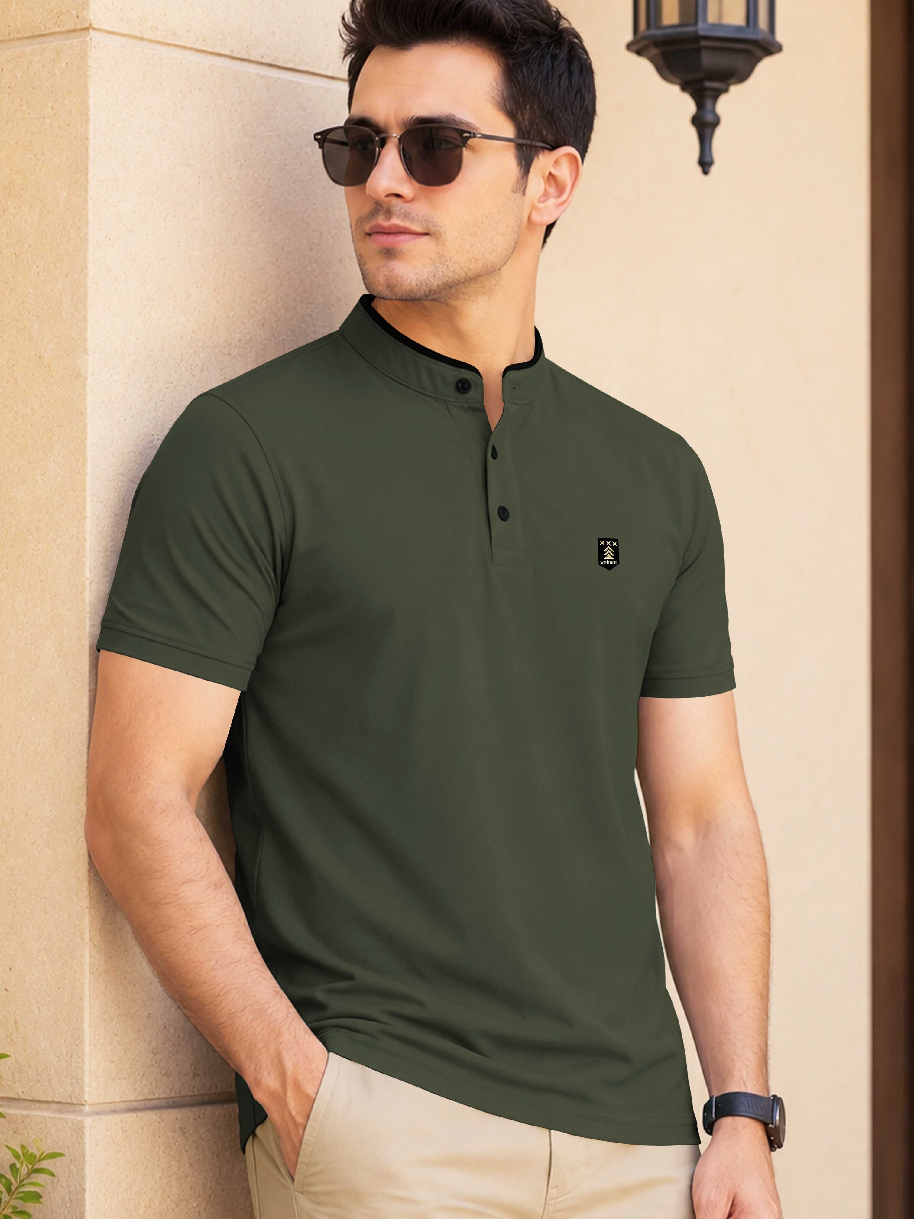 Men Self Design Mandarin Collar Polyester Dark Green T-Shirt-image-17