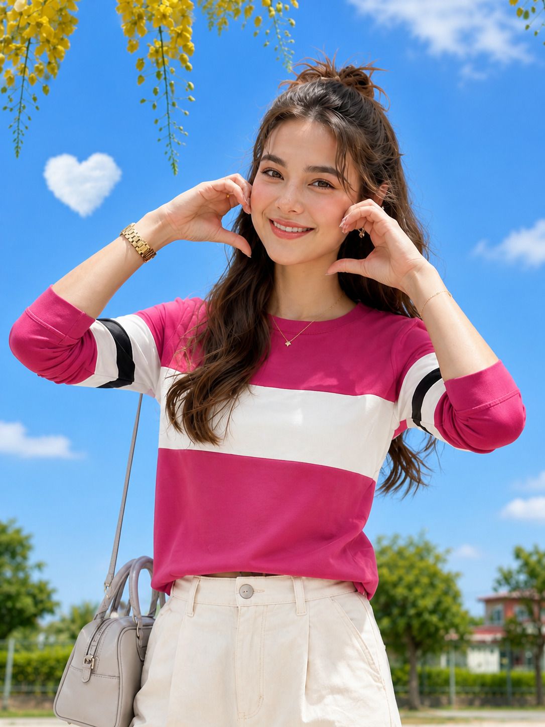 the dry state Women Colorblock Round Neck Cotton Blend Pink, White T-Shirt-picture-11