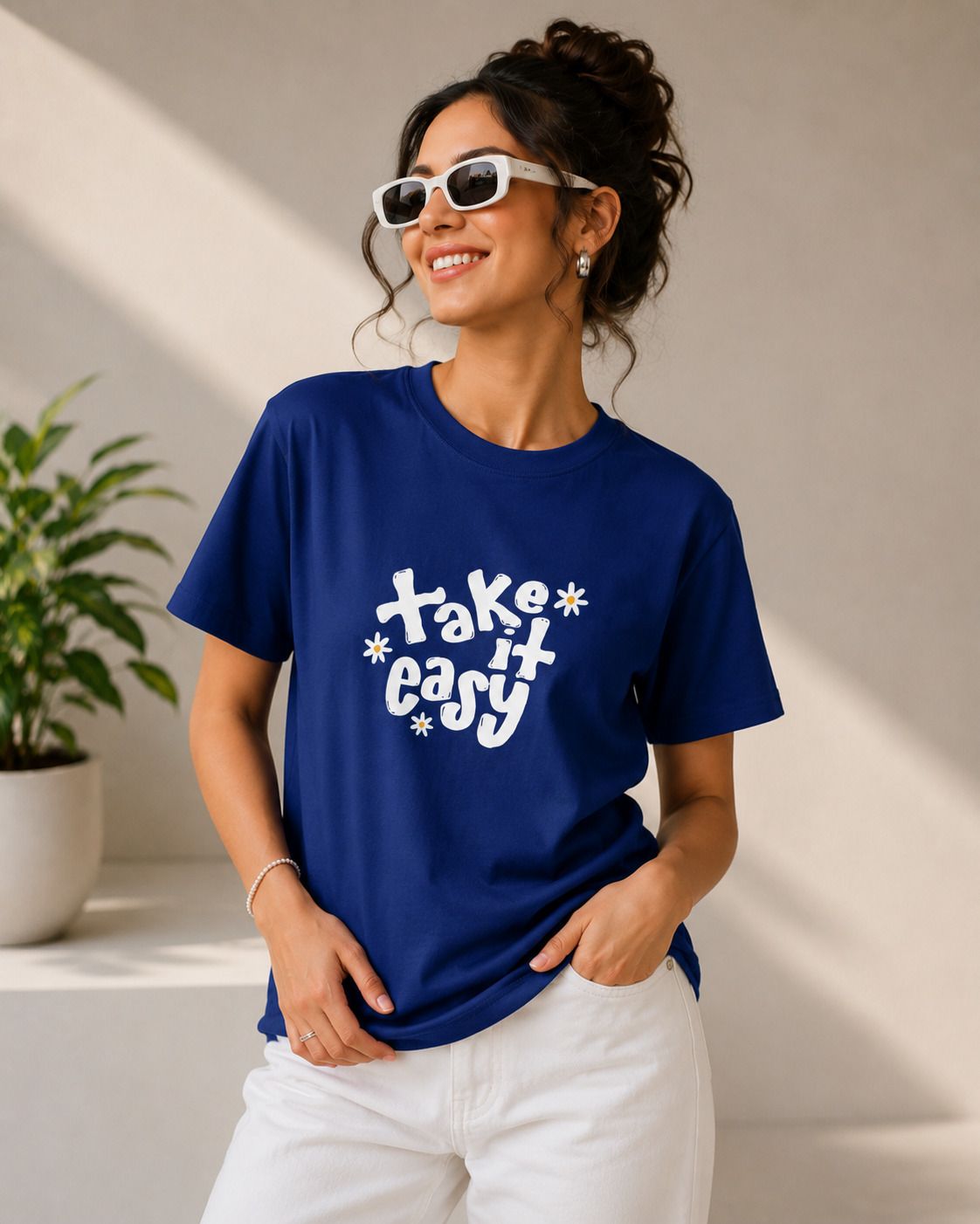 Women Typography Round Neck Cotton Blend Blue T-Shirt-image-39