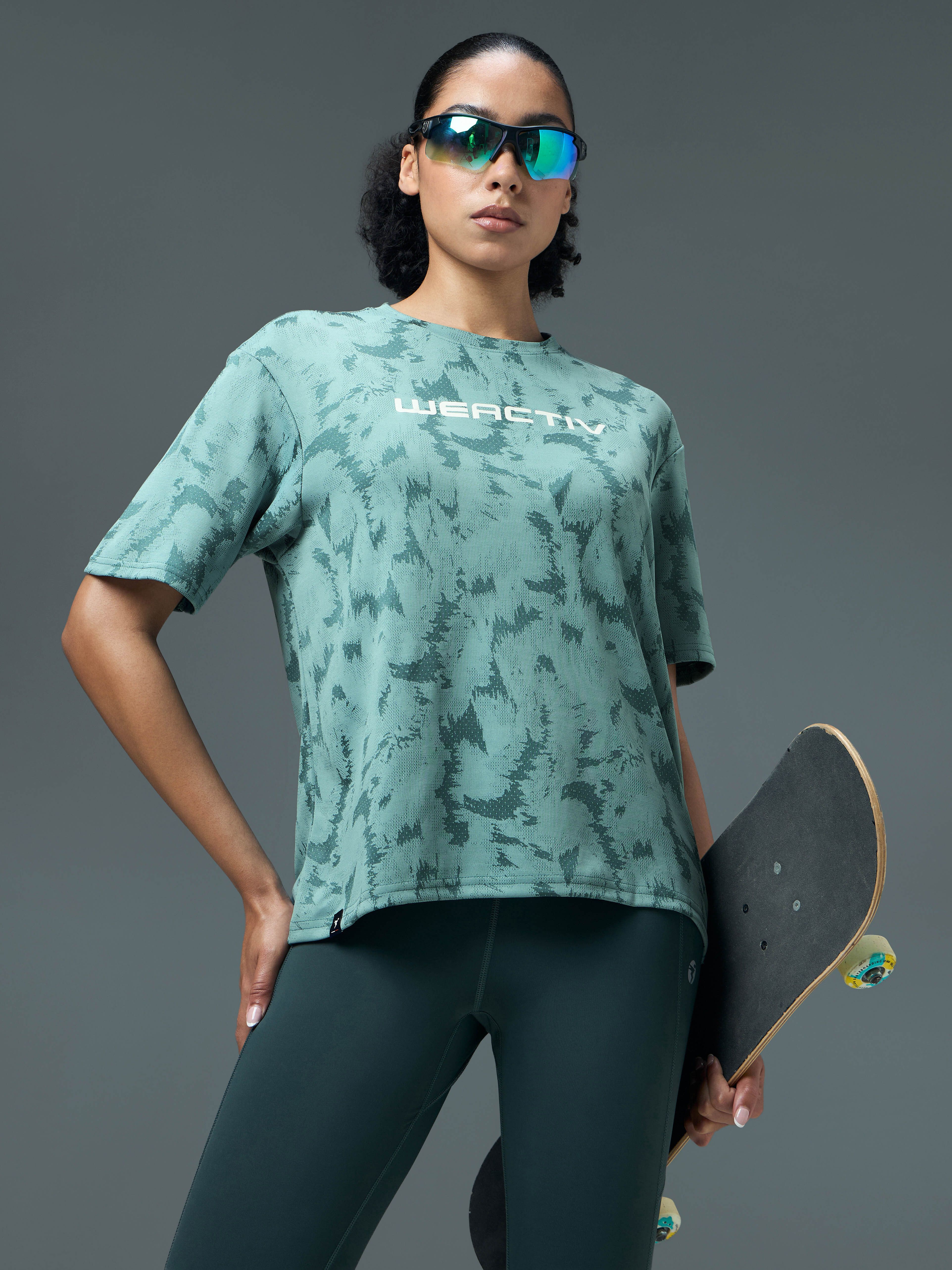 technosport Women Self Design Round Neck Polyester Green T-Shirt-picture-16