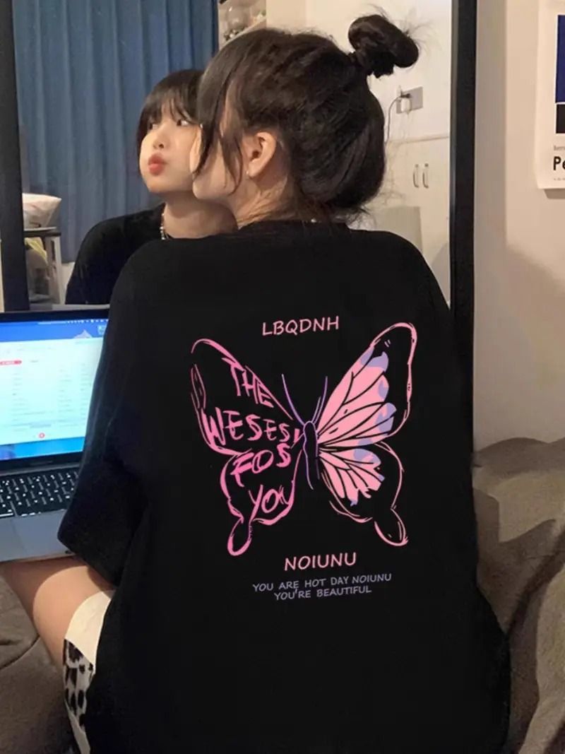 Women Printed Round Neck Cotton Blend Black T-Shirt