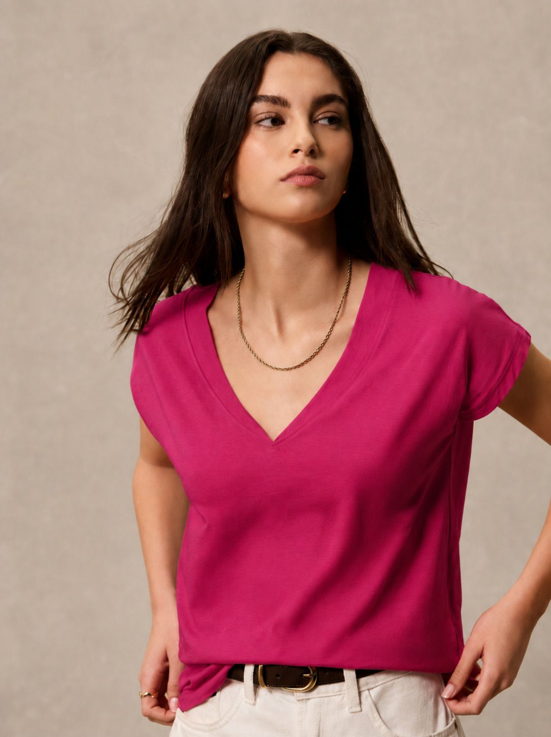 kotty Women Solid V Neck Cotton Blend Pink T-Shirt-picture-22