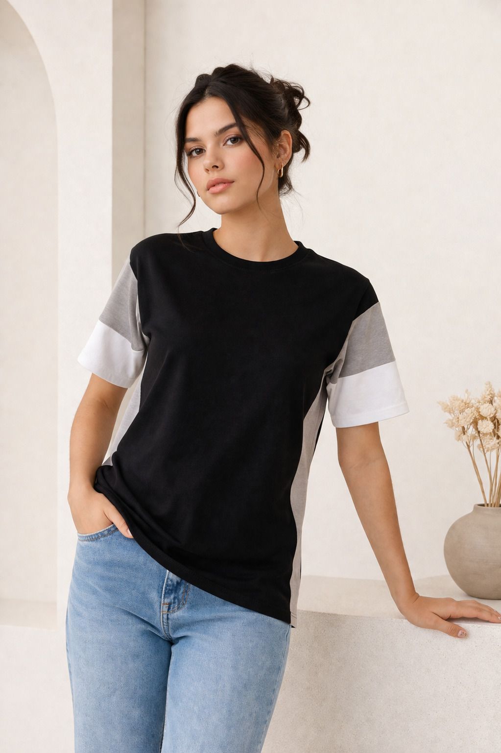 Women Colorblock Round Neck Pure Cotton Black T-Shirt-image-47