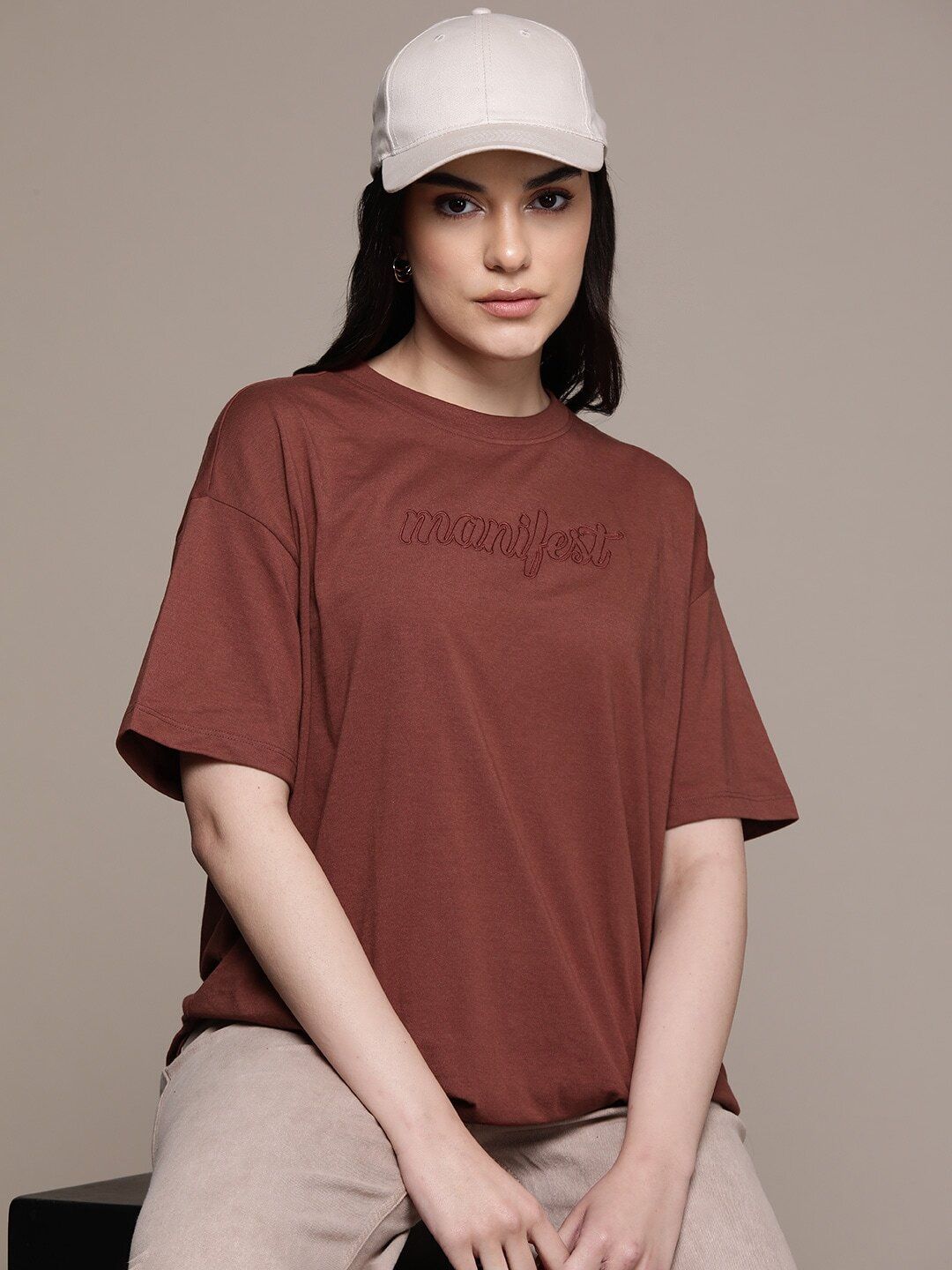 roadster Women Embroidered Round Neck Cotton Blend Brown T-Shirt-picture-2