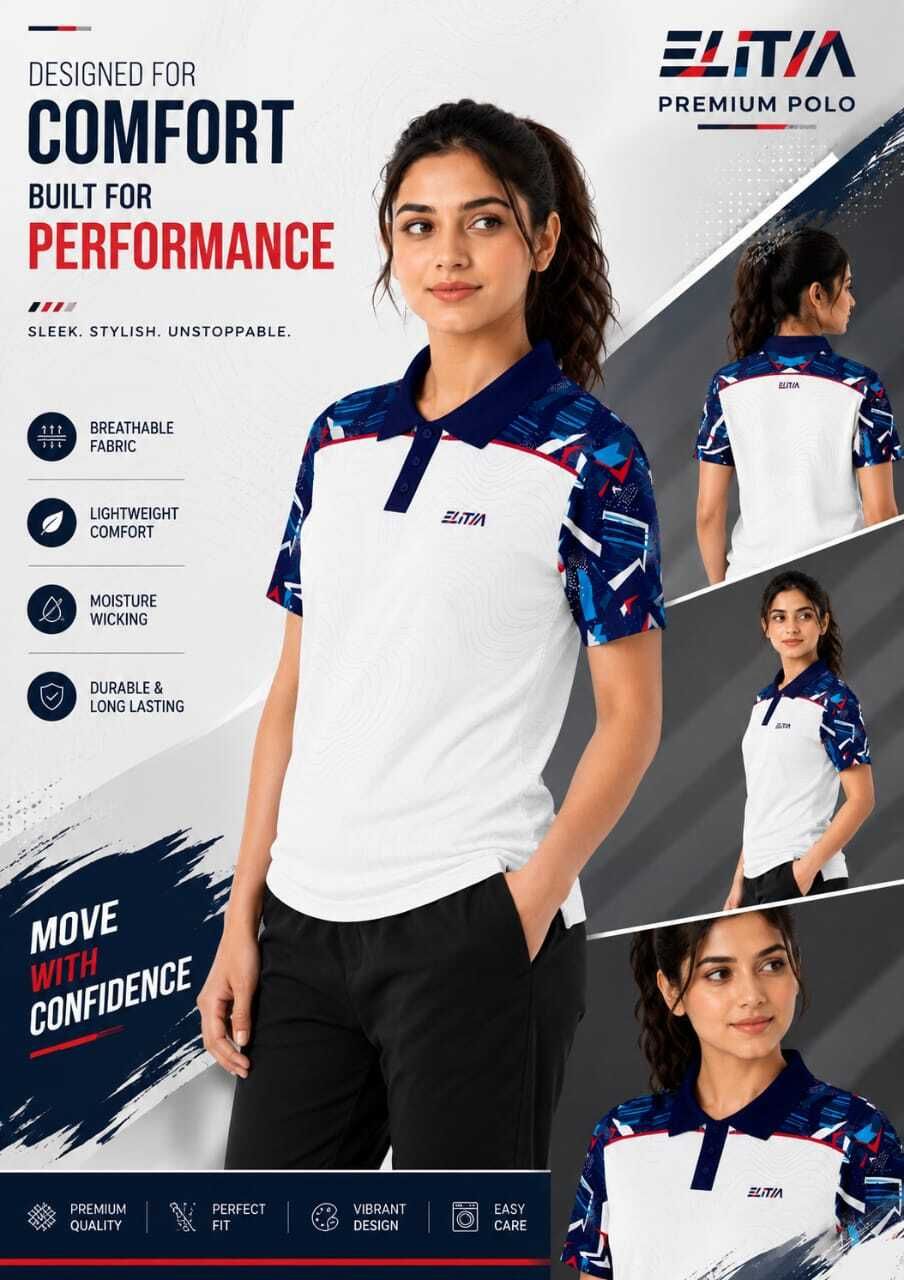 Women Geometric Print Polo Neck Polycotton Blue, White T-Shirt-image-9