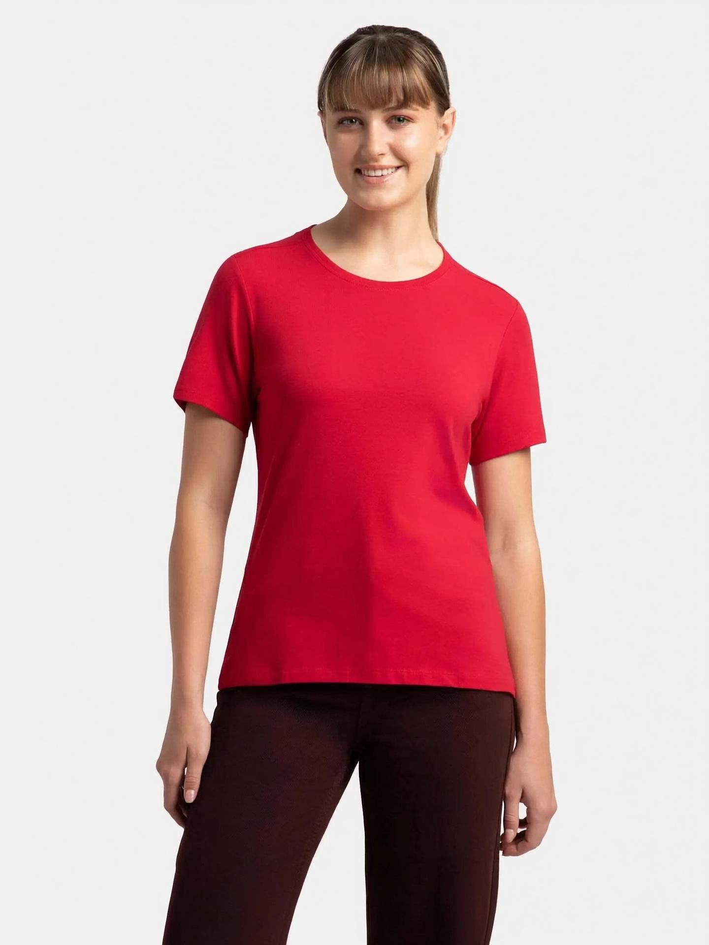 jockey 1515 Women Solid Round Neck Cotton Blend Red T-Shirt-picture-10