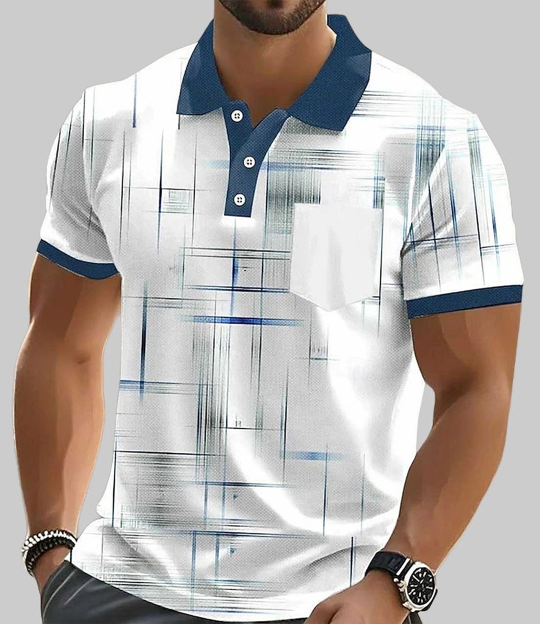 holdit Men Printed Polo Neck Cotton Blend White, Blue T-Shirt-picture-12