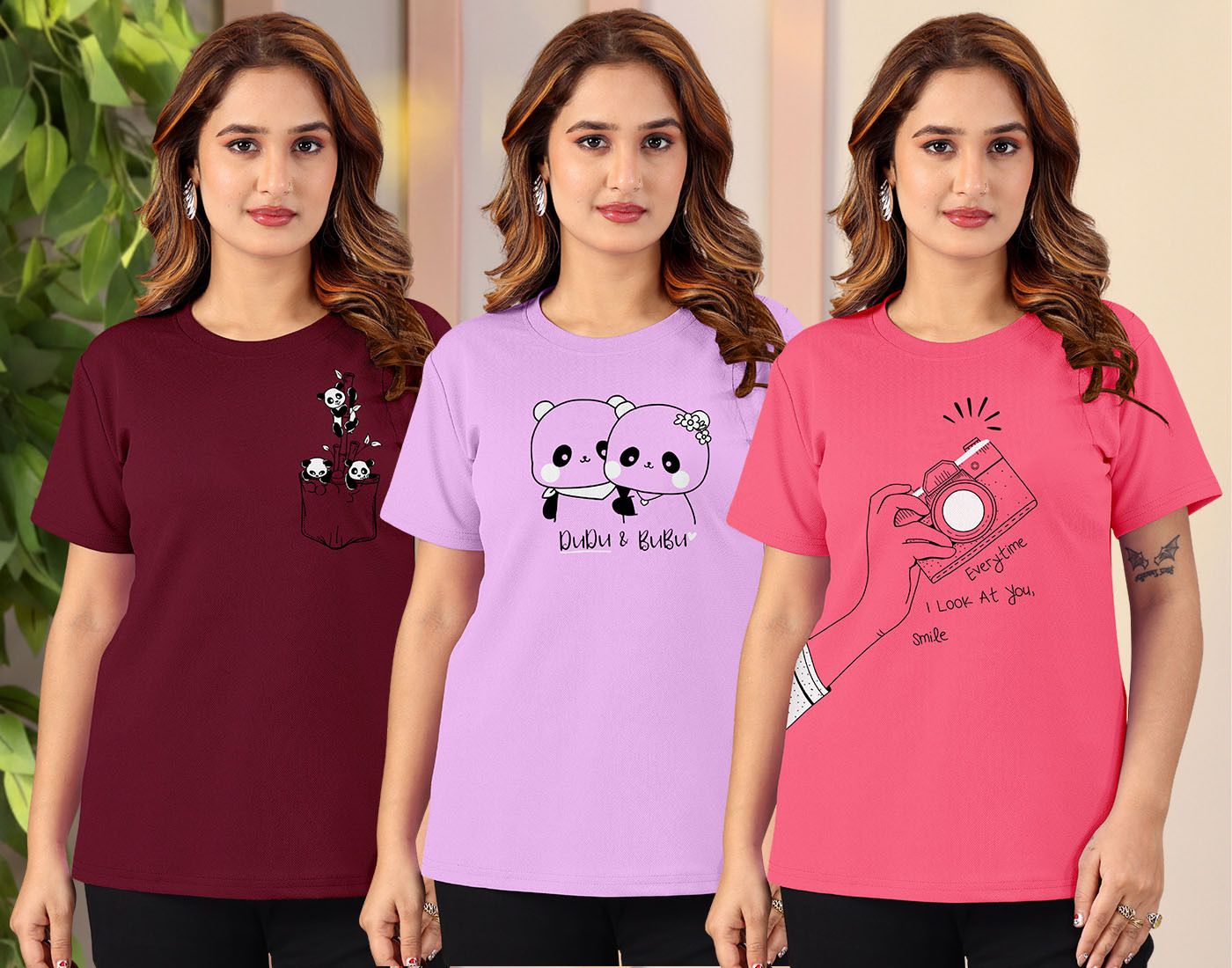riddhi elegance Pack of 3 Women Graphic Print, Printed, Cartoon Round Neck Cotton Blend Maroon, Purple, Pink T-Shirt-picture-37
