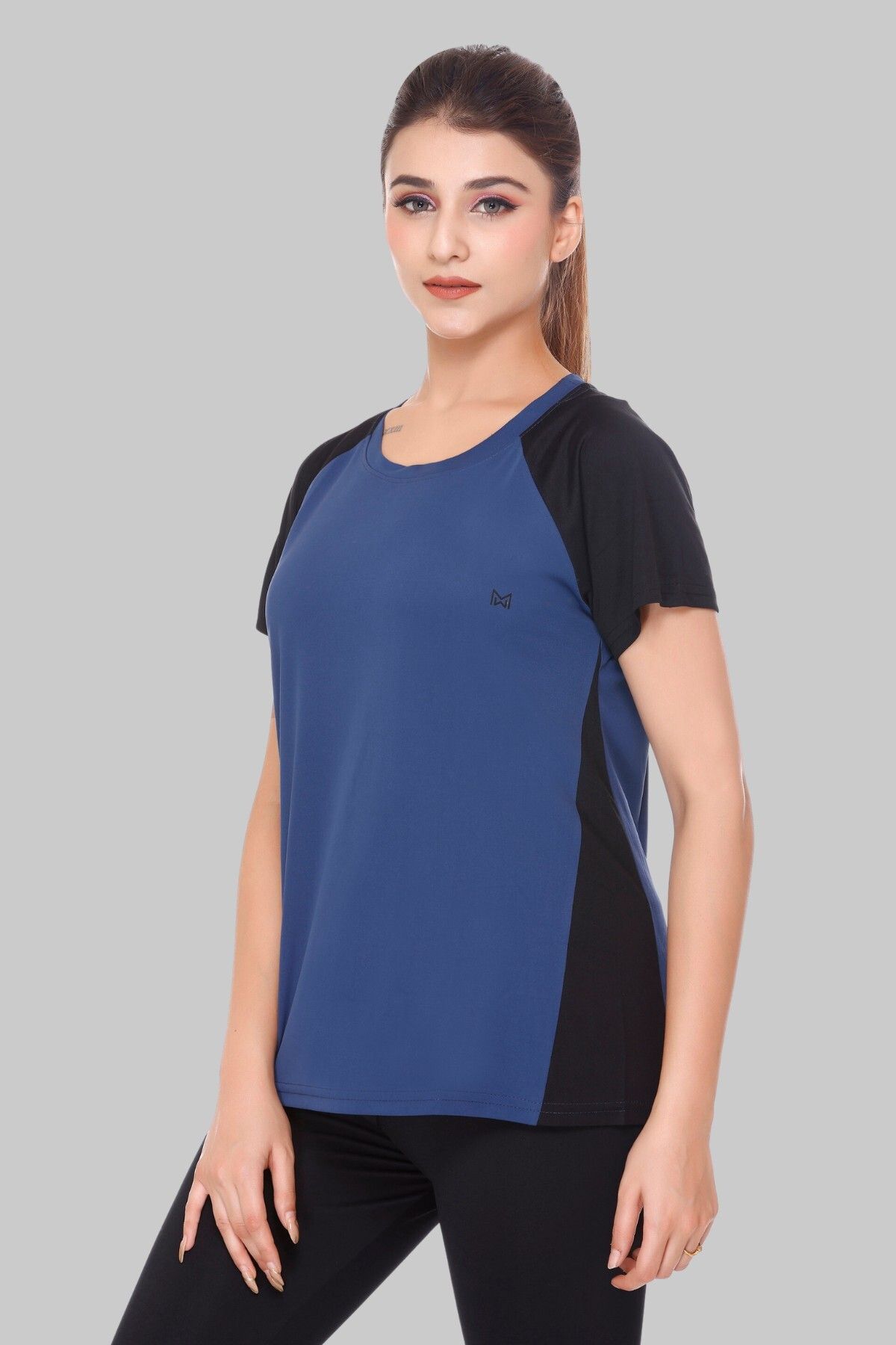 Women Colorblock Round Neck Polyester Dark Blue T-Shirt-image-3
