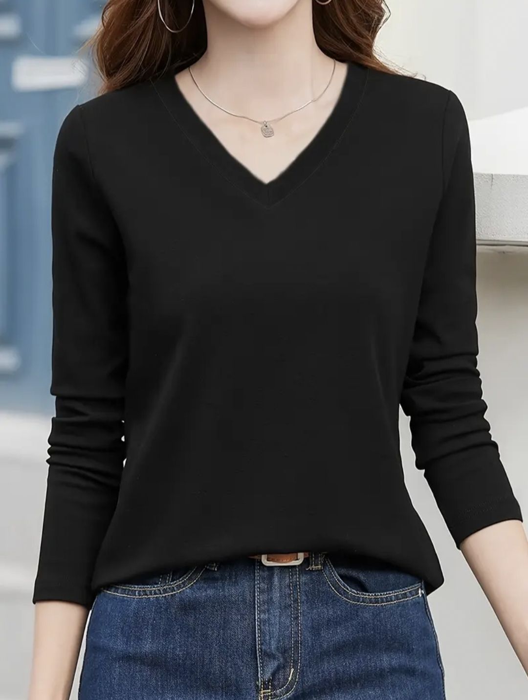 cottoncrest Women Solid V Neck Cotton Blend Black T-Shirt-picture-43