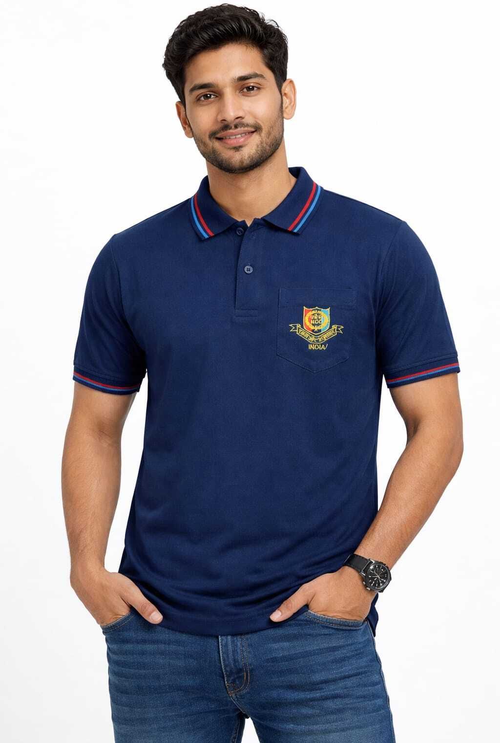 Men Solid Polo Neck Cotton Blend Navy Blue T-Shirt-image-45