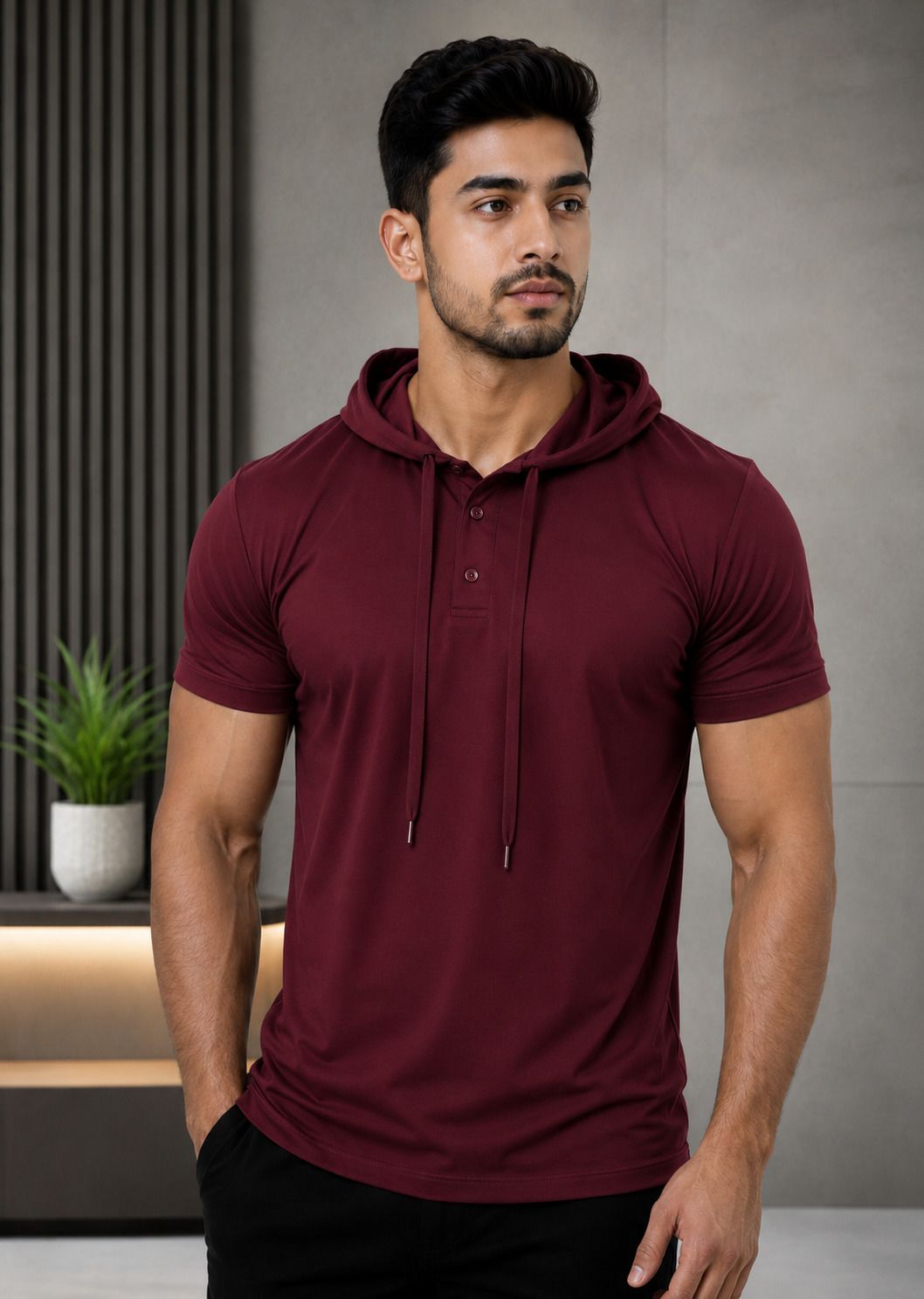 tanushk Men Solid Hooded Neck Cotton Blend Maroon T-Shirt-picture-6