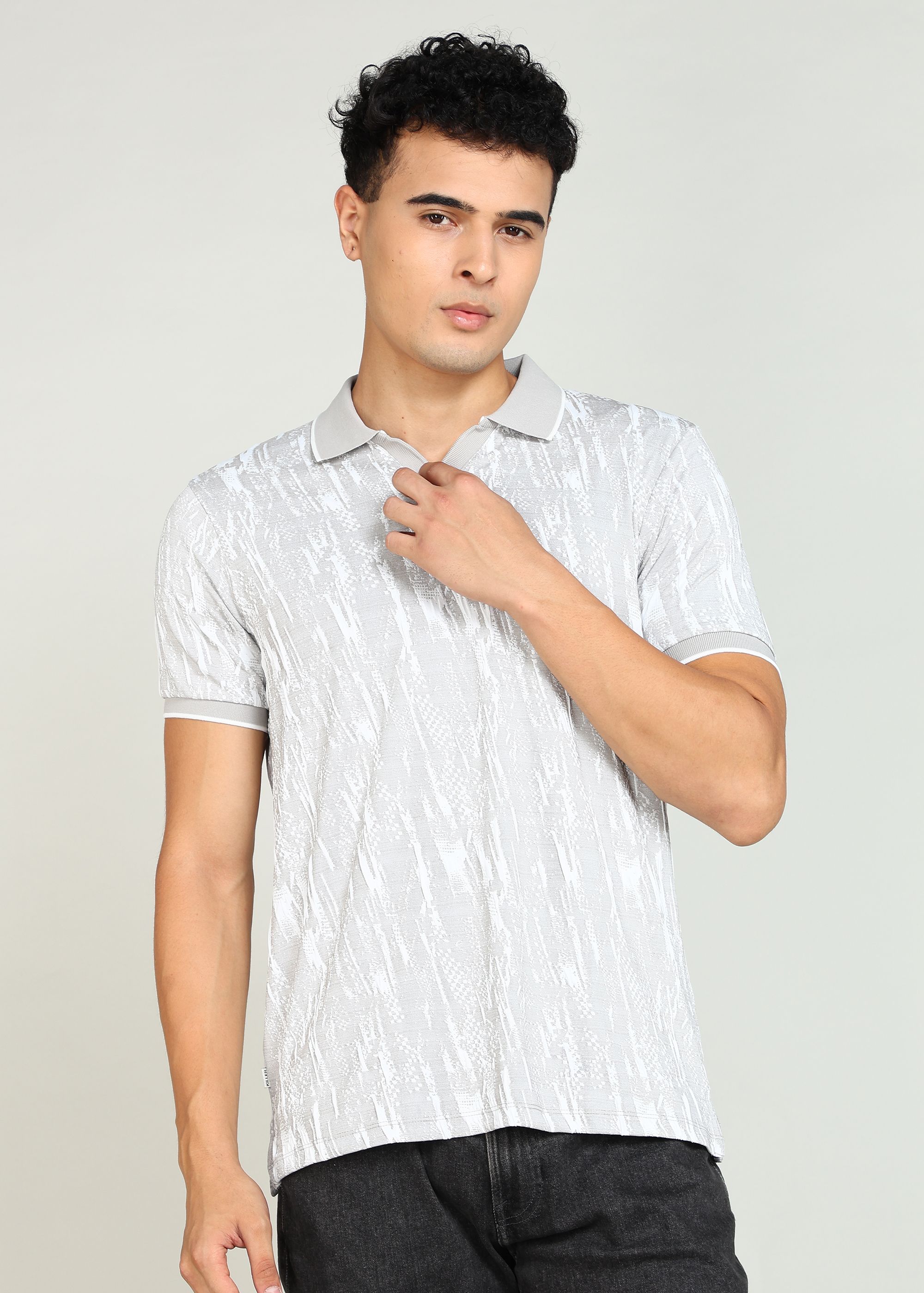 Men Printed Polo Neck Cotton Blend Grey T-Shirt-image-48