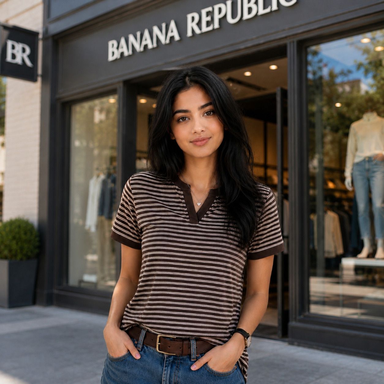 the unusual Women Striped V Neck Reversible Organic Cotton Beige, Brown T-Shirt-picture-44