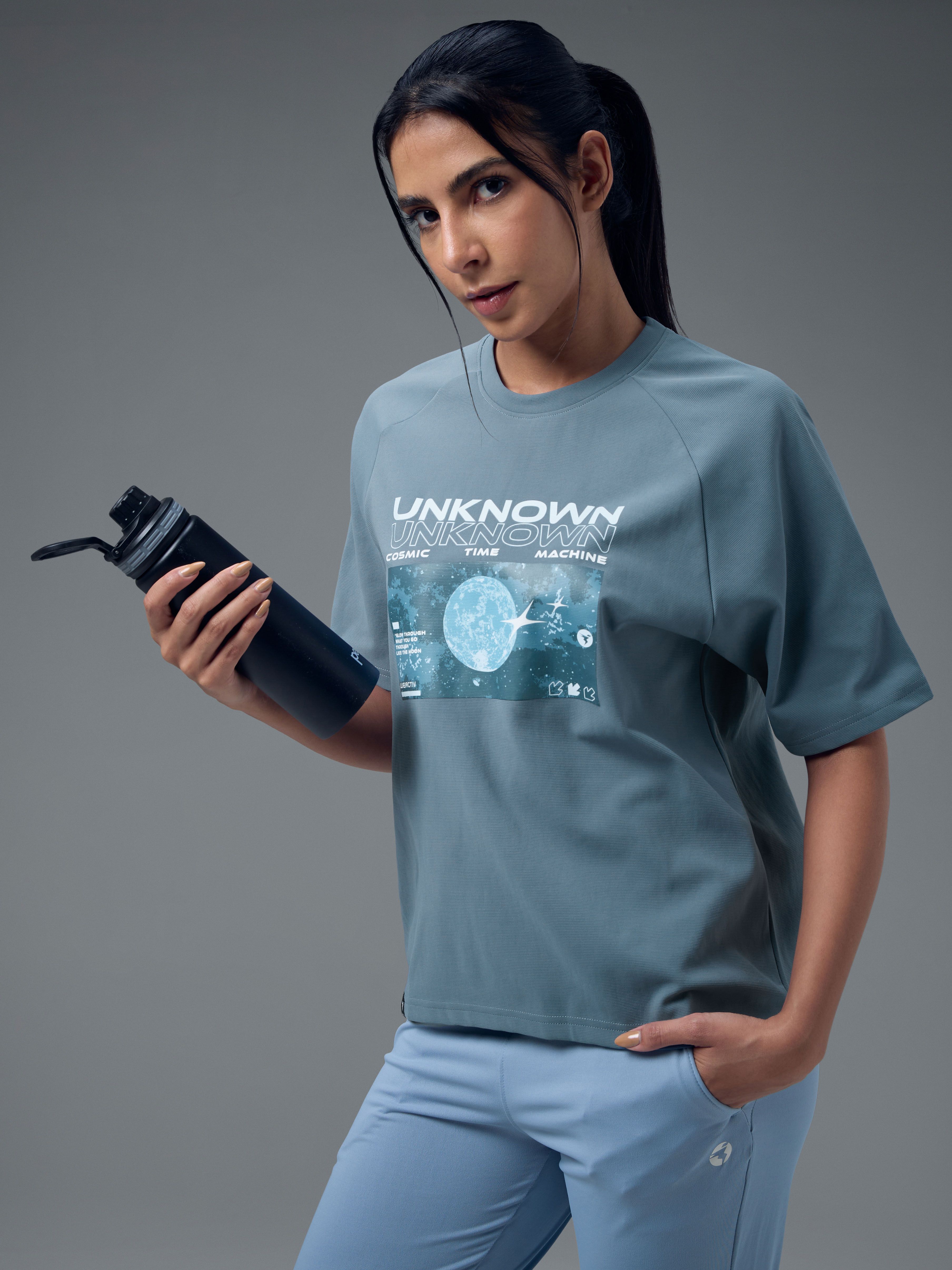Women Graphic Print Crew Neck Polyester Light Blue T-Shirt-image-38