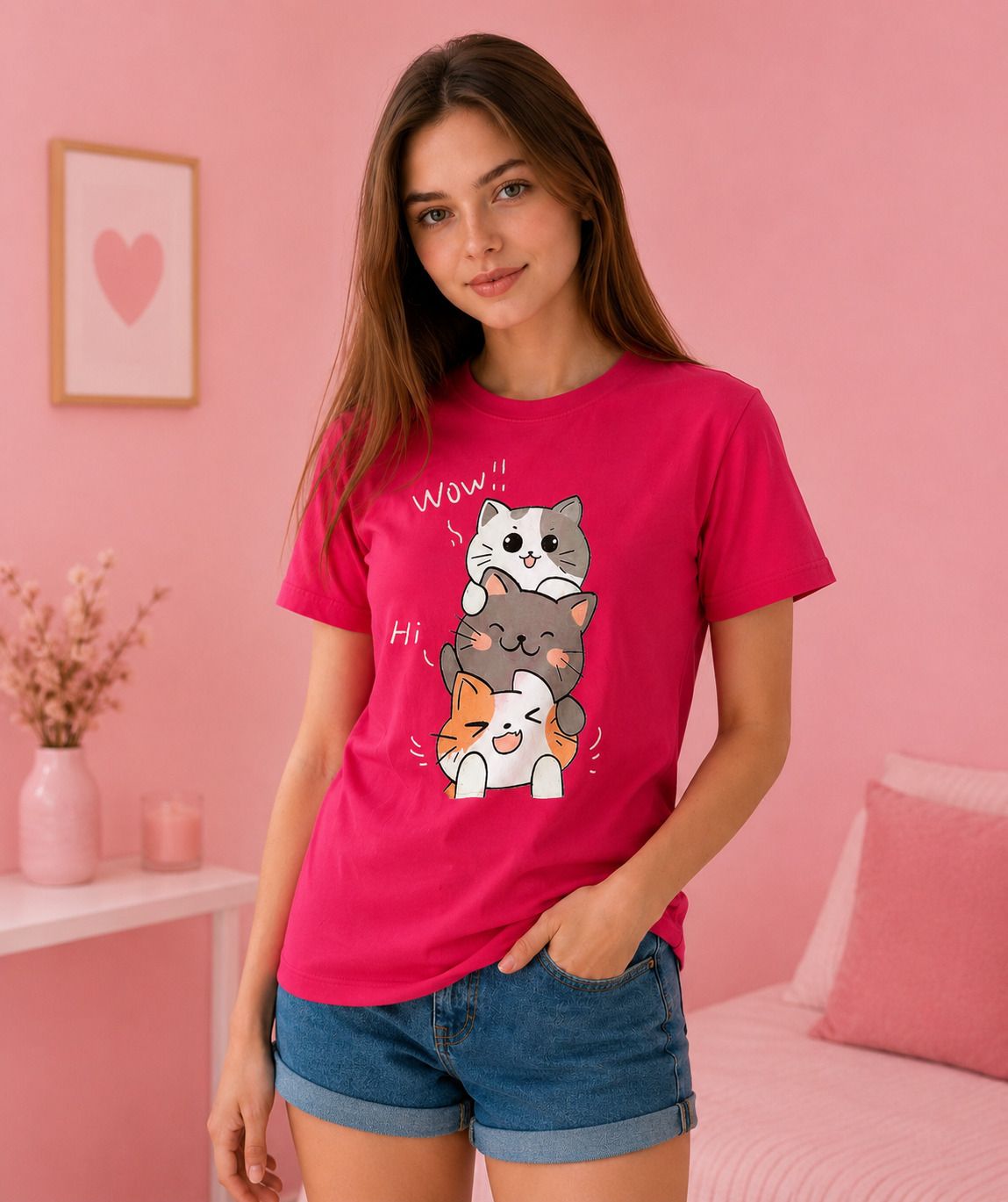 elvia Women Graphic Print Round Neck Pure Cotton Pink T-Shirt-picture-5