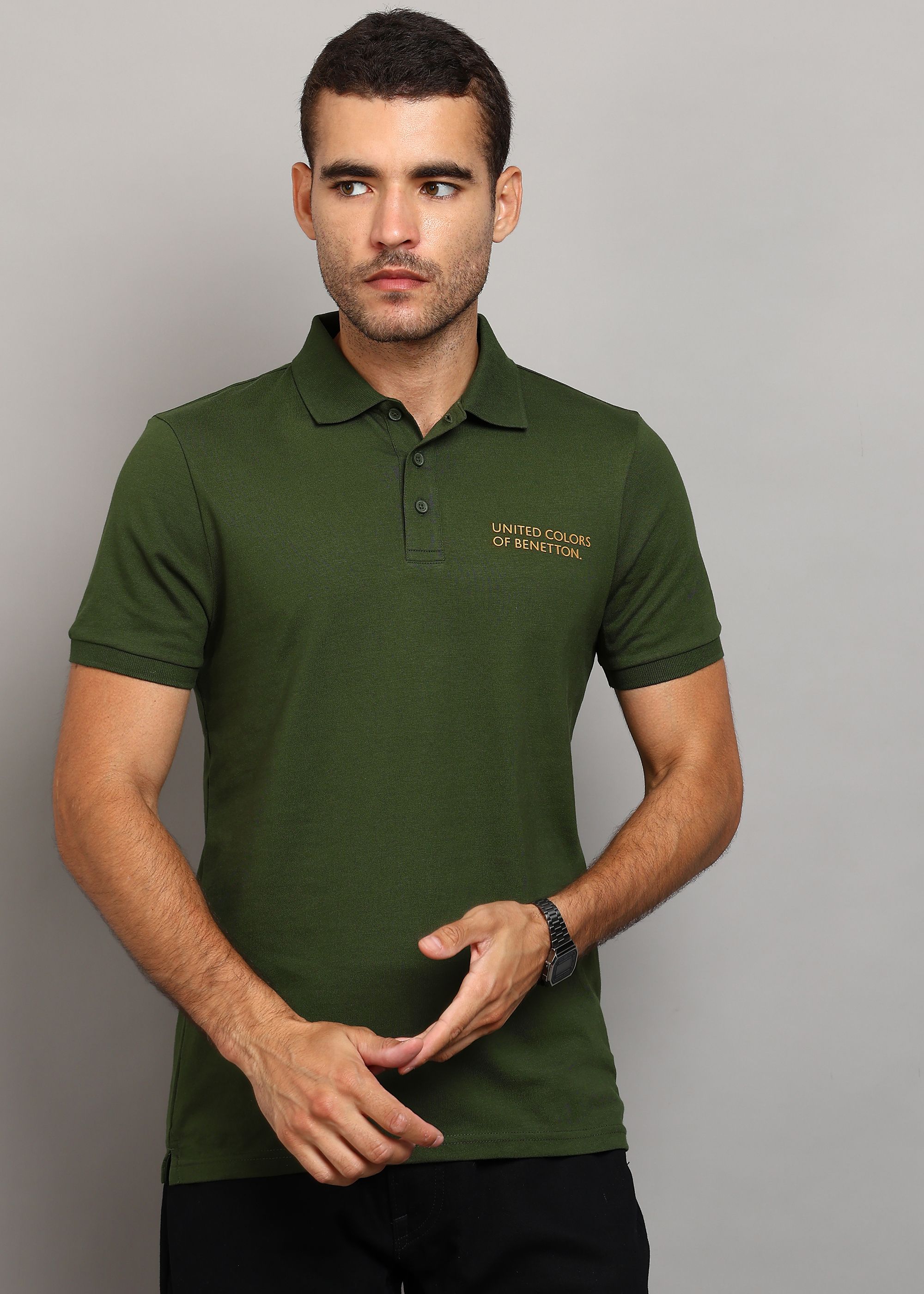 united colors of benetton Men Solid Polo Neck Cotton Blend Green T-Shirt-picture-15