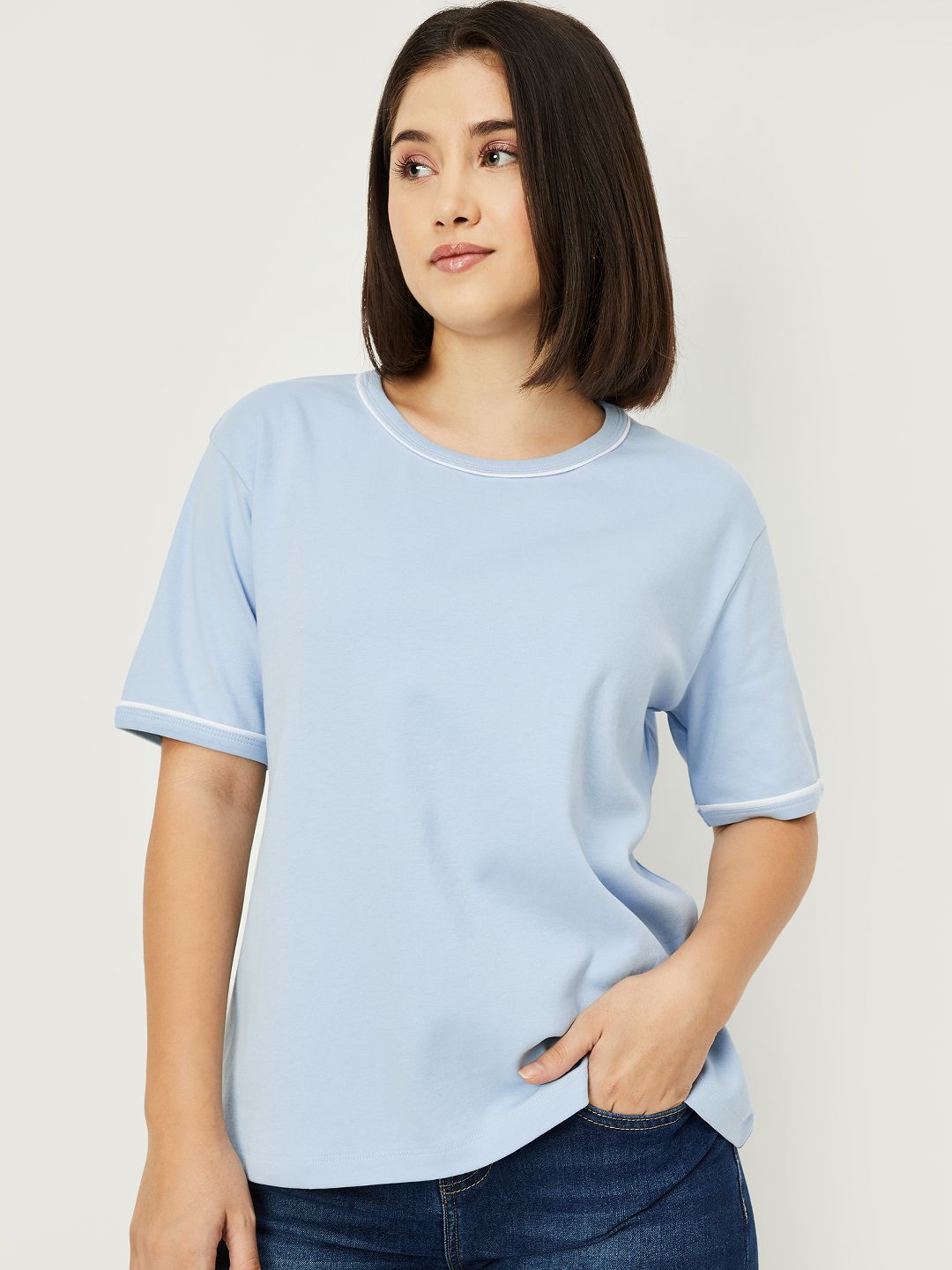 max Women Solid Round Neck Pure Cotton Blue T-Shirt-picture-12
