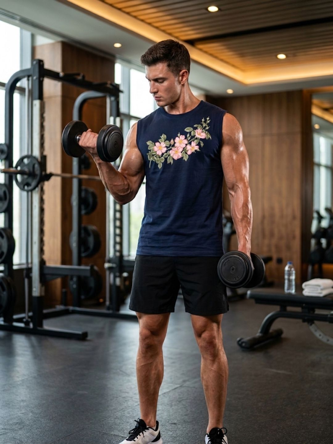 Men Floral Print, Printed Round Neck Cotton Blend Navy Blue T-Shirt-image-7