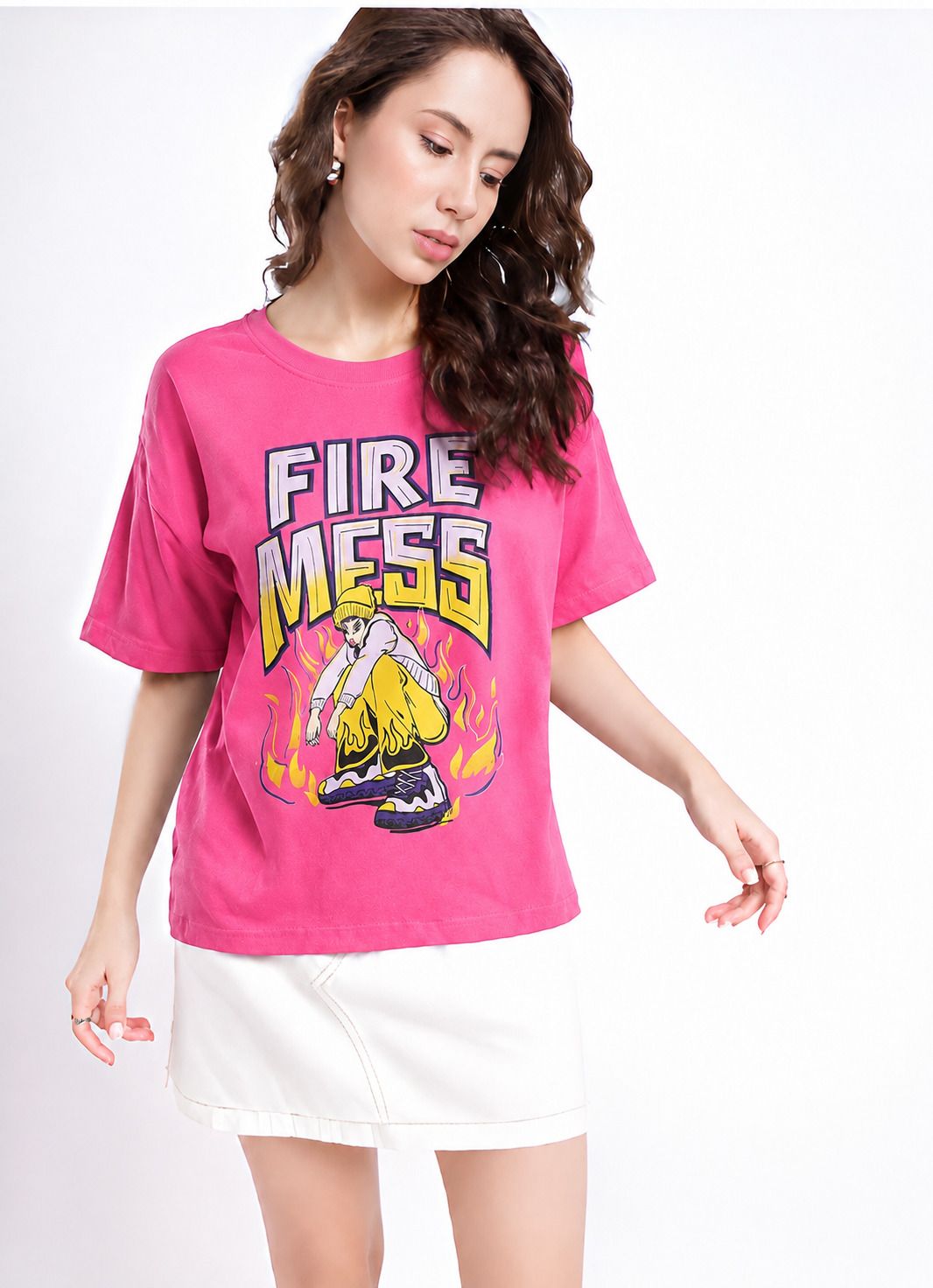 fabflee Women Printed Round Neck Cotton Blend Pink T-Shirt-picture-28
