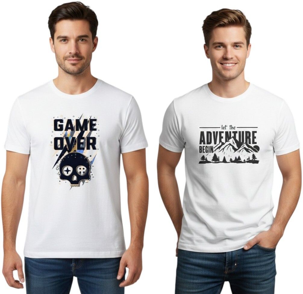 vkv fshion Pack of 2 Men Graphic Print Round Neck Cotton Blend White T-Shirt-picture-34