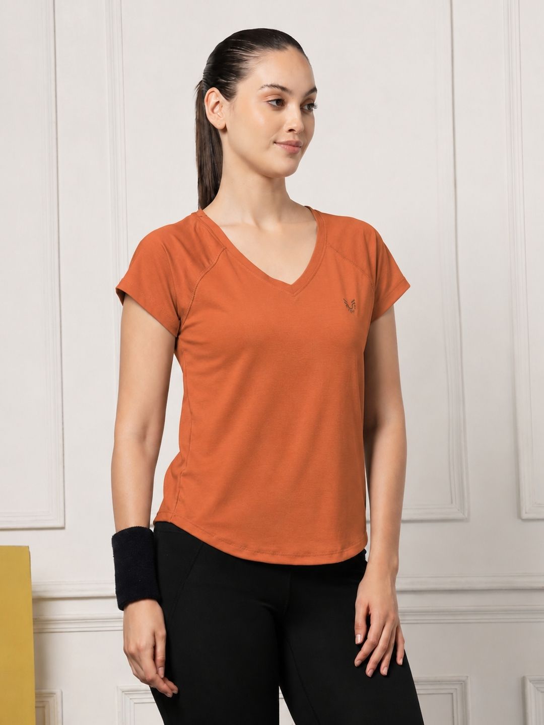 Women Solid V Neck Polyester Brown T-Shirt-image-10