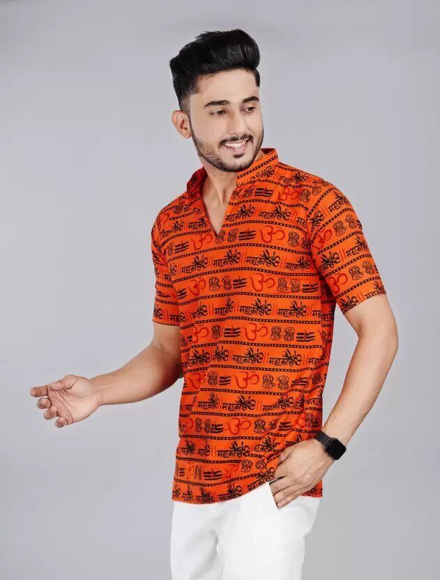 Men Typography Mandarin Collar Cotton Blend Orange T-Shirt-image-26