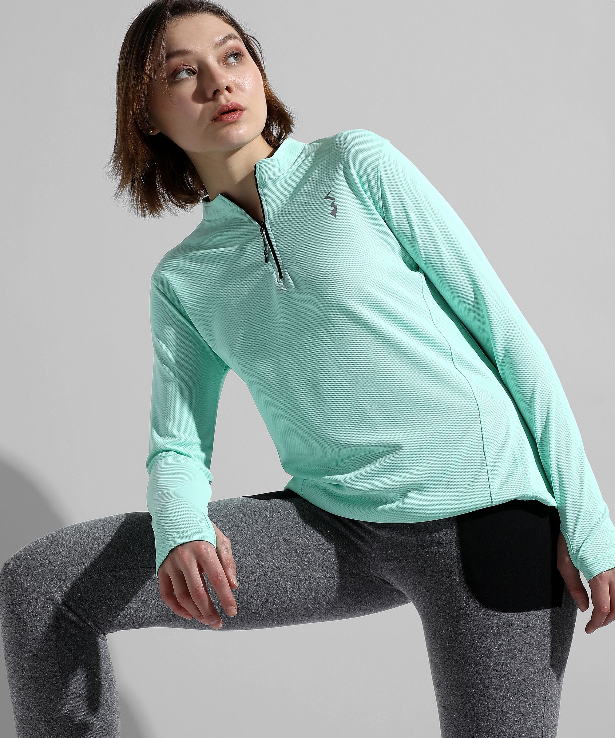 Women Solid Mandarin Collar Polyester Green T-Shirt-image-32