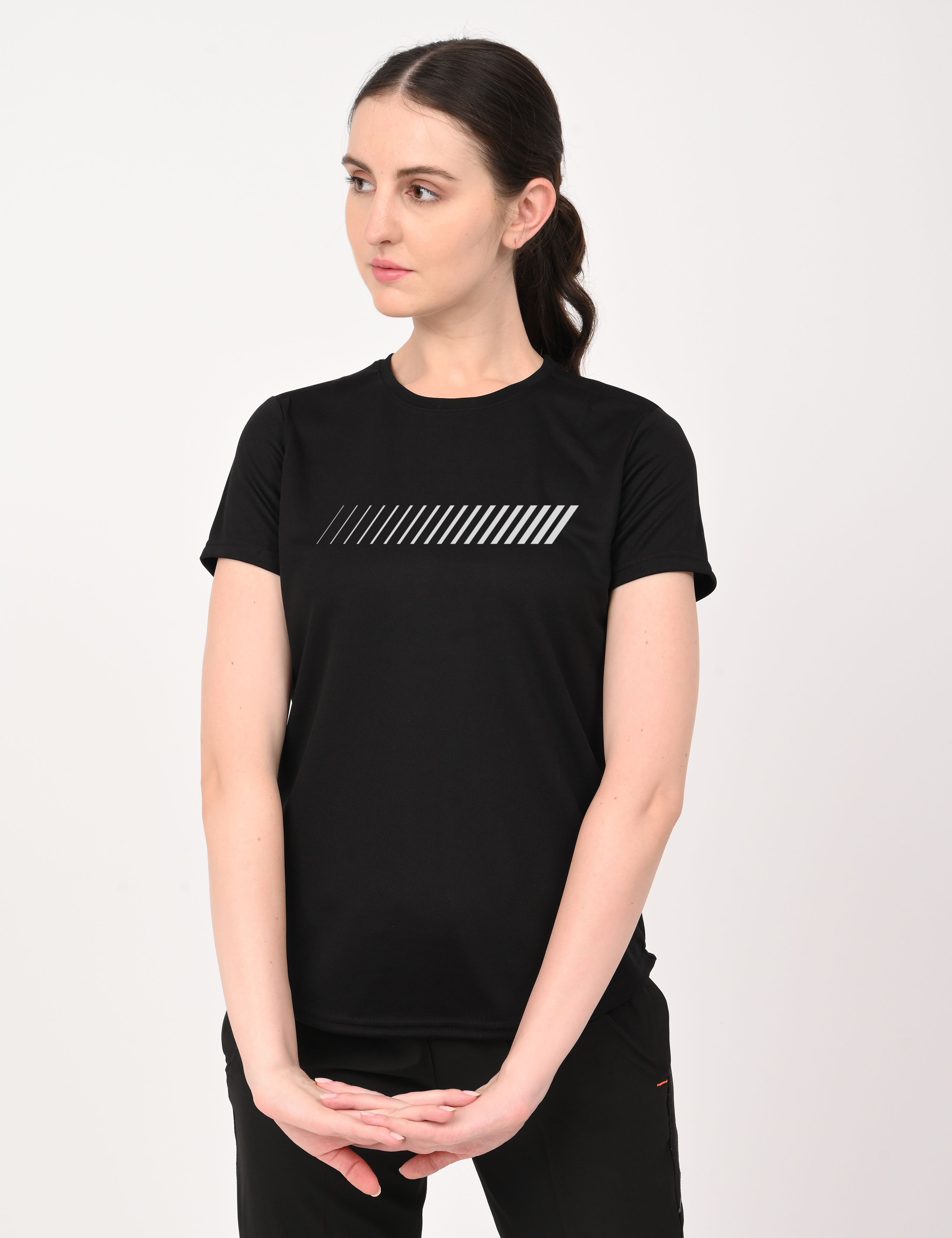 3colors Women Printed Round Neck Polyester Black T-Shirt-picture-13