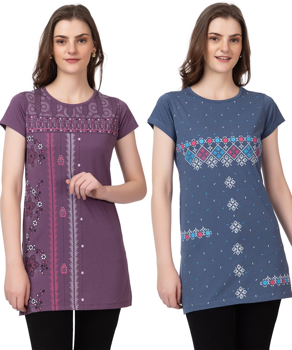 star touch Pack of 2 Women Floral Print Round Neck Pure Cotton Blue T-Shirt-picture-21