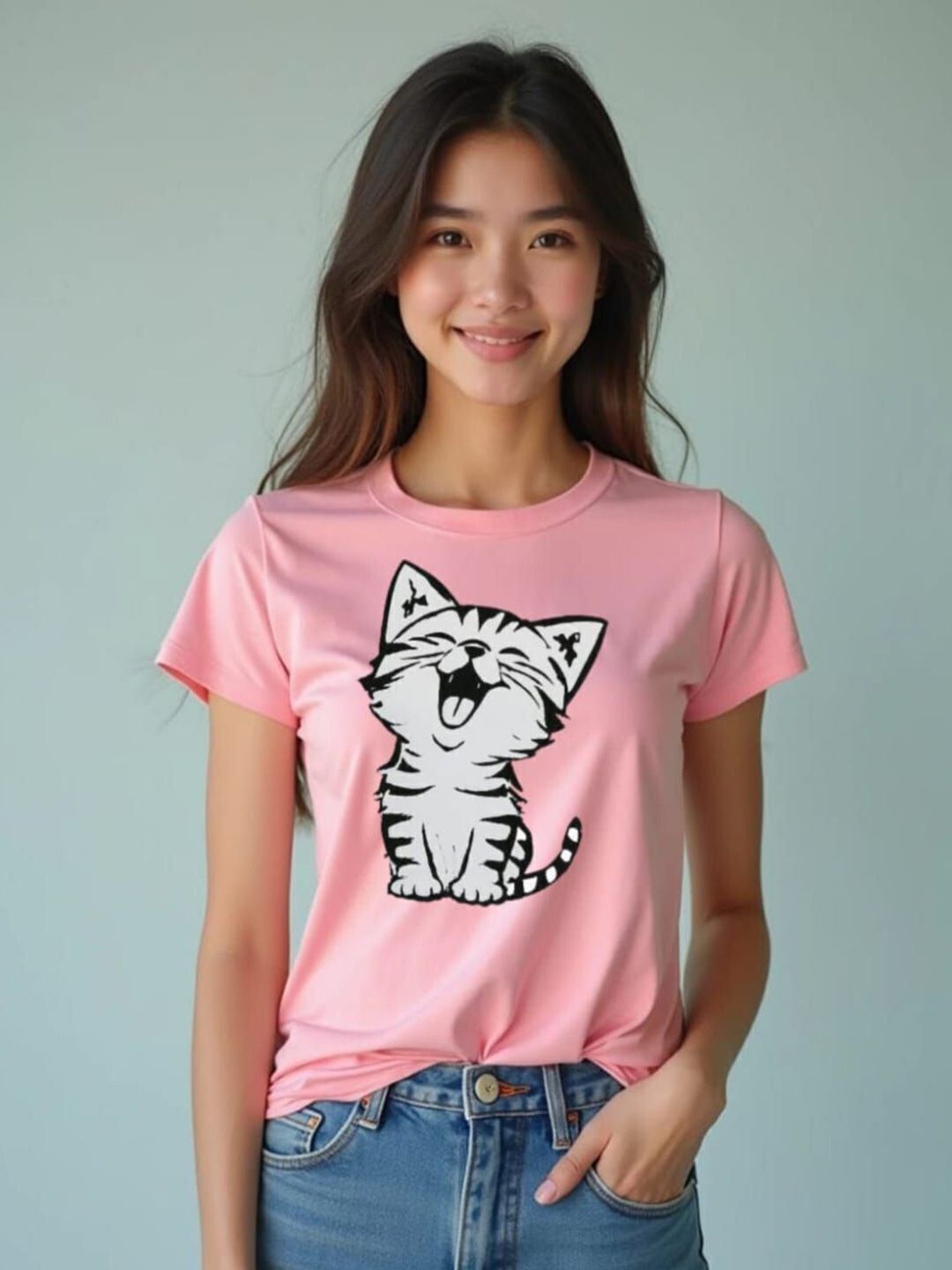 Women Self Design Round Neck Cotton Blend Pink T-Shirt-image-40