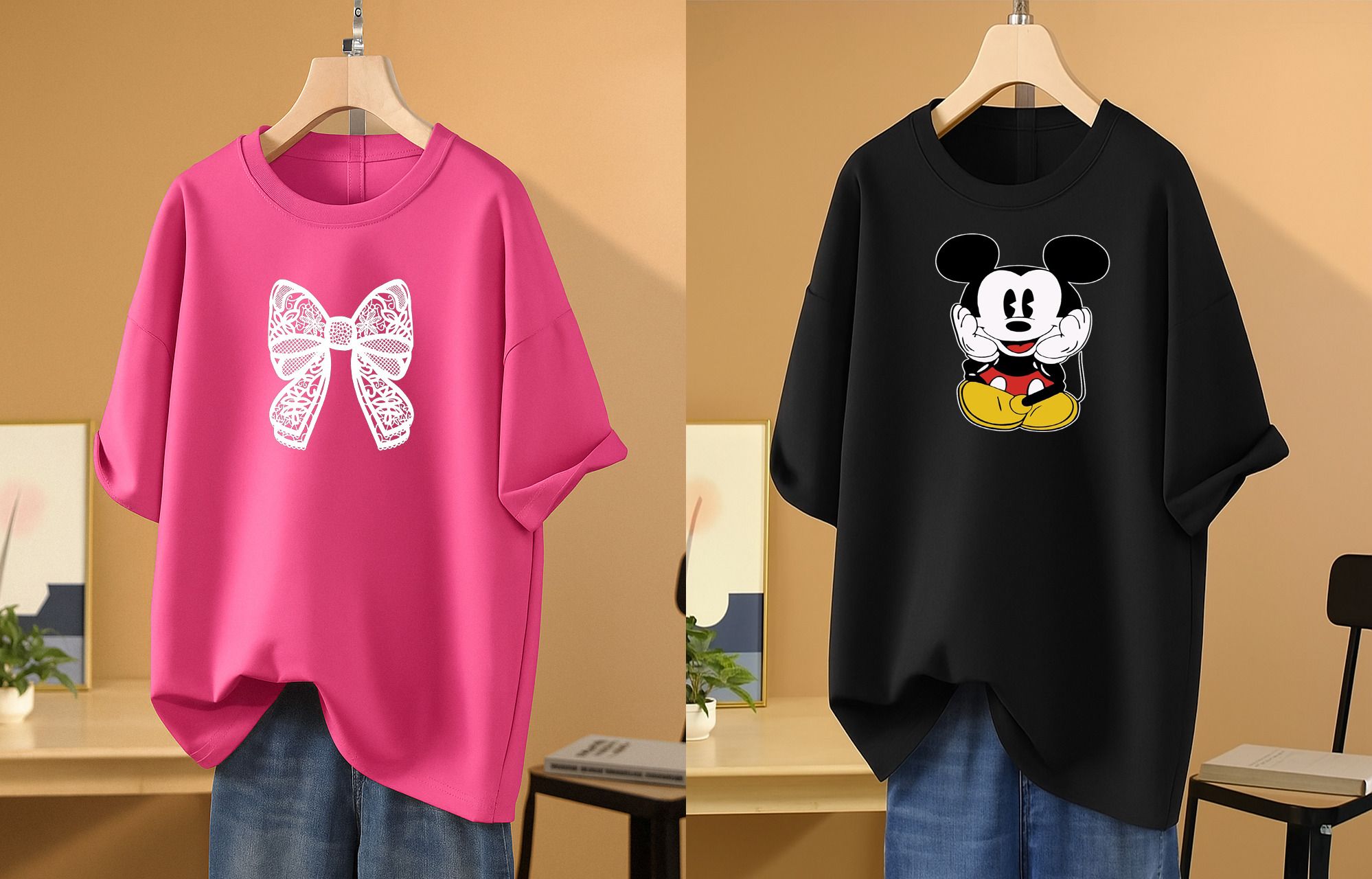 Pack of 2 Women Printed Round Neck Cotton Blend Pink, Black T-Shirt-image-49