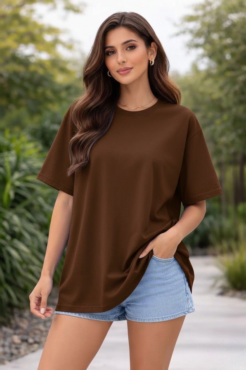 lcyflame Women Solid Round Neck Cotton Blend Brown T-Shirt-picture-13