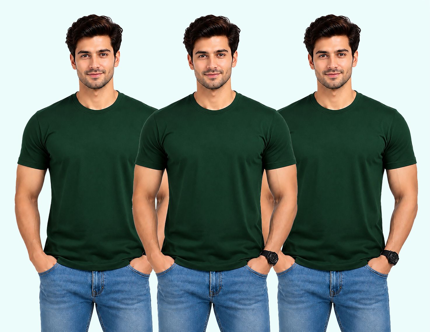 think tech Pack of 3 Men Solid Round Neck Polyester Dark Green T-Shirt-picture-5