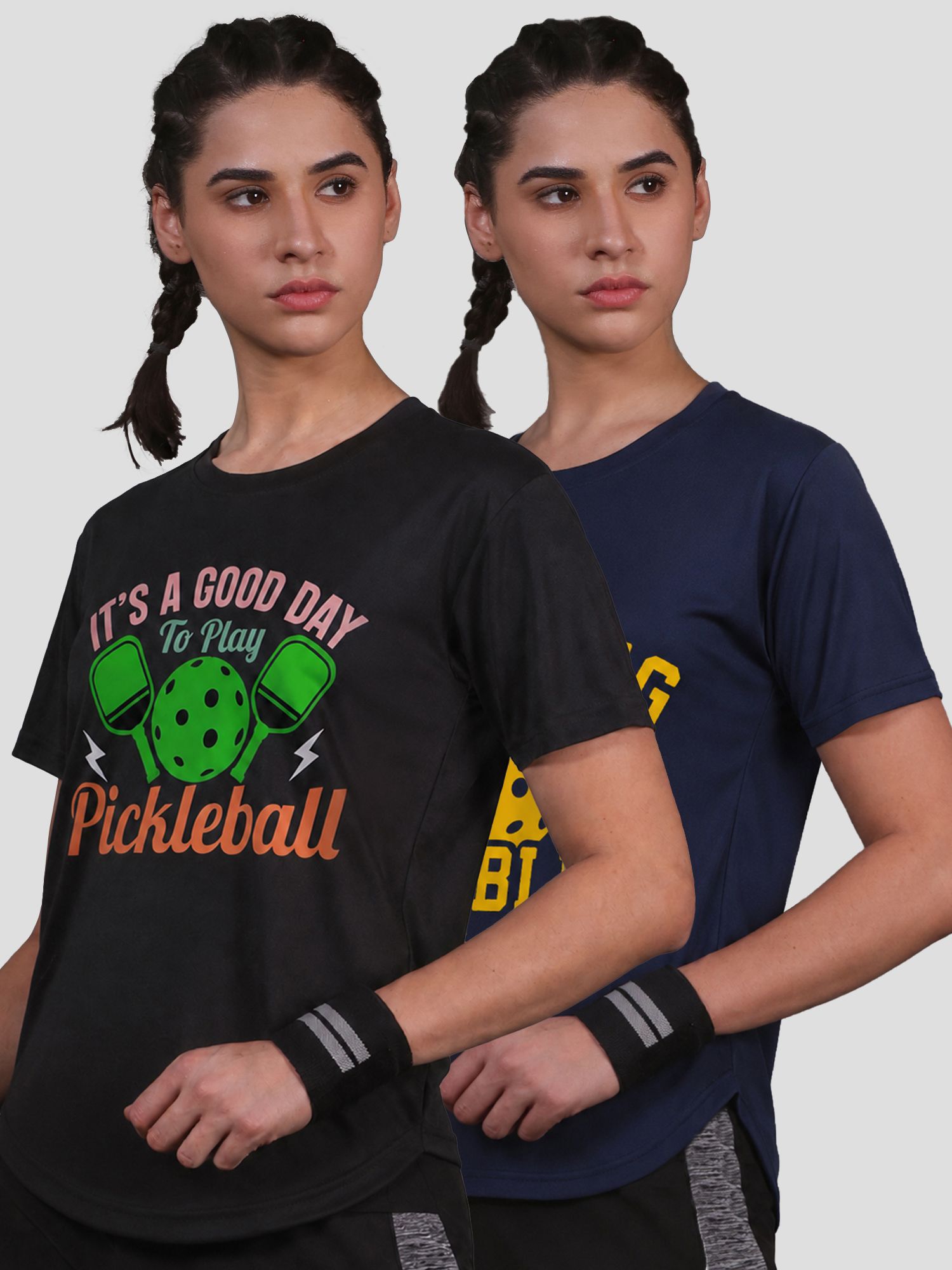 chkokko Pack of 2 Women Solid Round Neck Polyester Black, Navy Blue T-Shirt-picture-27