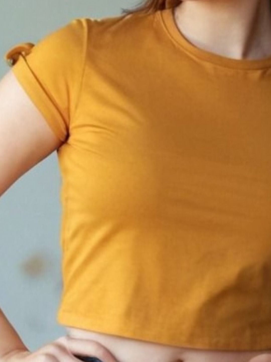 Women Solid Round Neck Cotton Blend Yellow T-Shirt-image-8