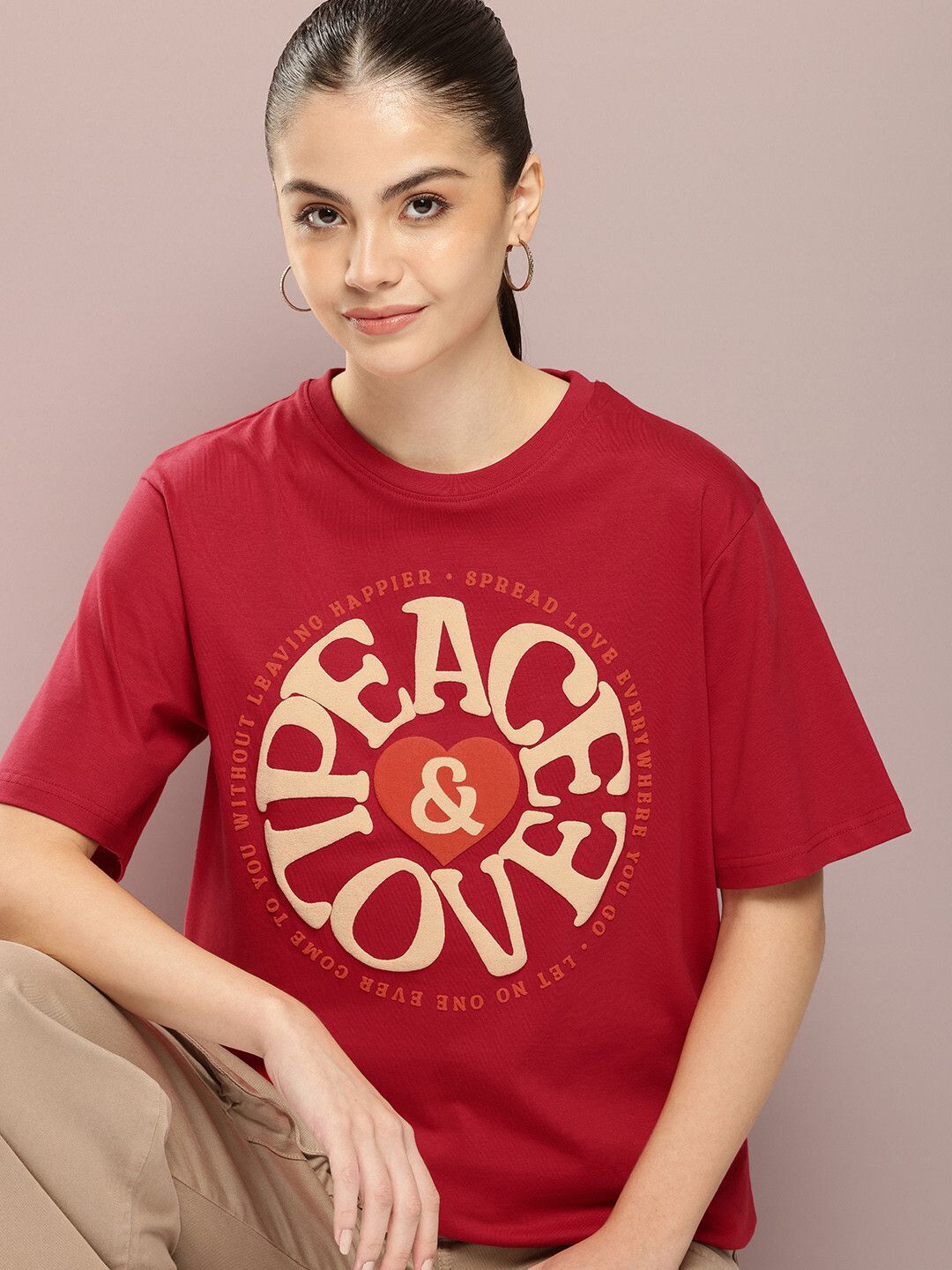 Women Printed Round Neck Pure Cotton Red T-Shirt-image-27